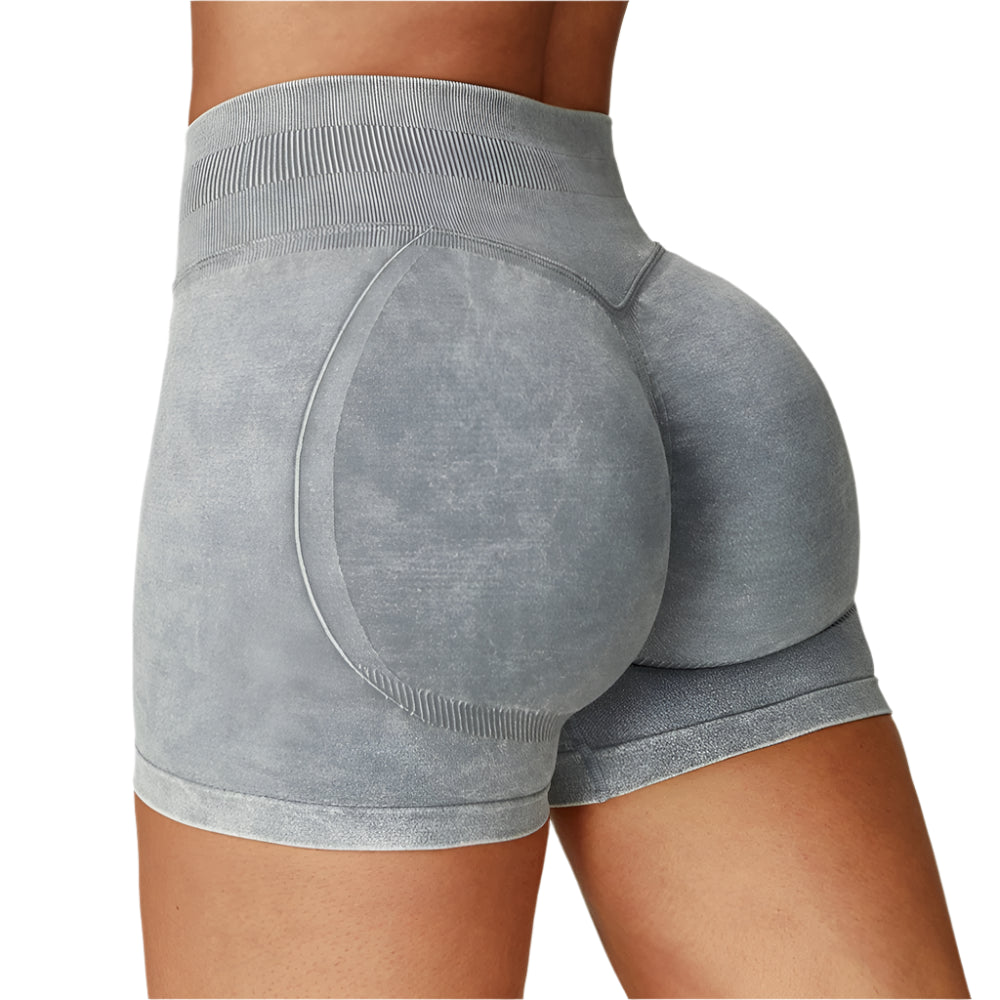 Xooie Fit acid wash workout shorts in gray with high waist and contoured fit for active wear