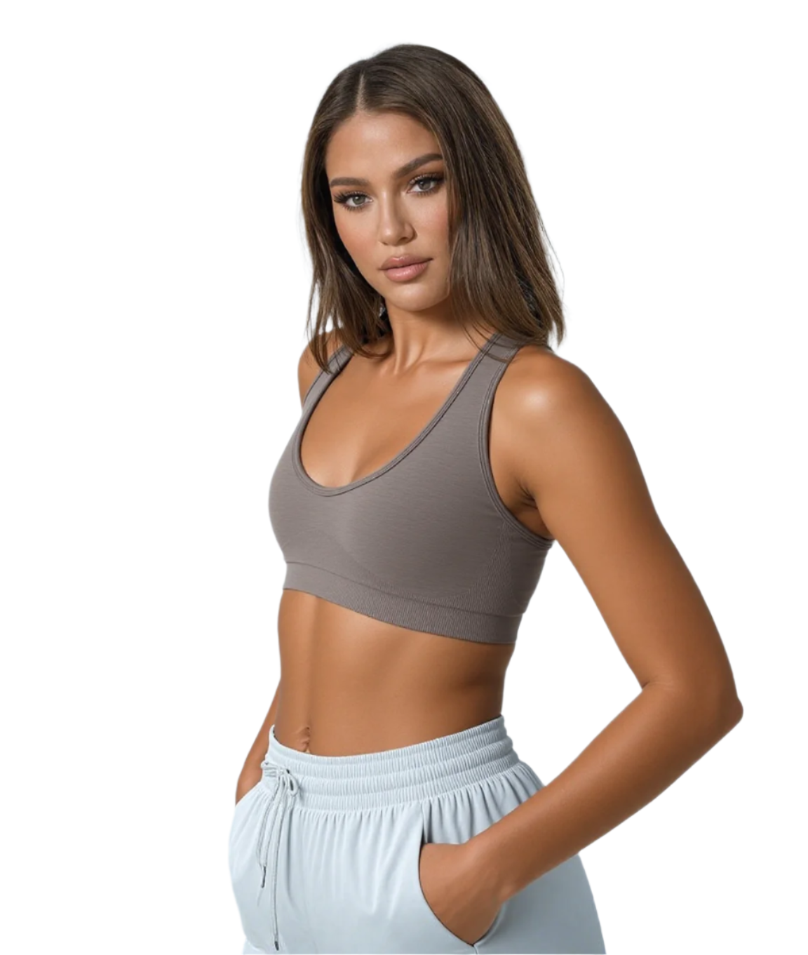 Xooie Fit Open-Back Workout Bra in Taupe for Comfortable Activewear and Supportive Fitness Sessions