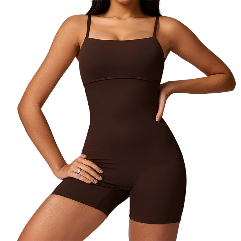 Xooie Fit stylish workout romper in brown with adjustable straps for comfortable exercise
