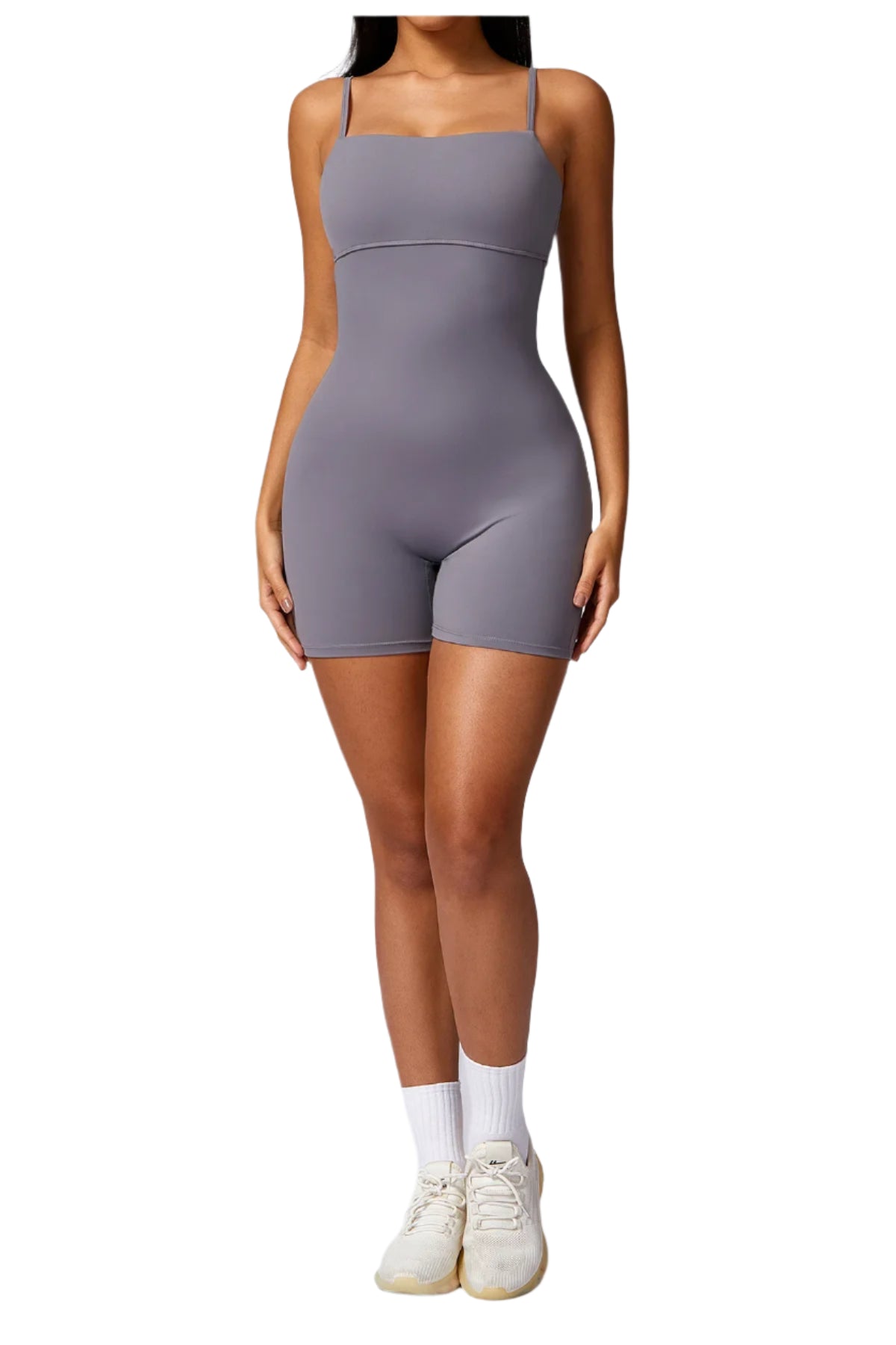 Xooie Fit stylish workout romper in gray with a fitted design and adjustable straps front