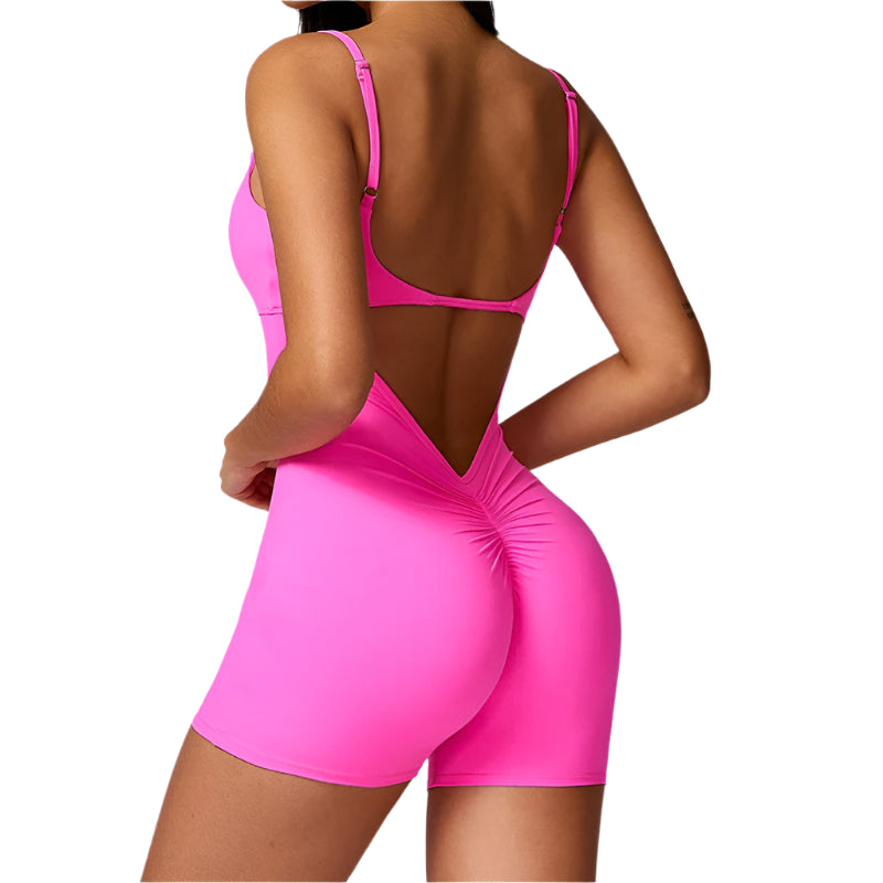 Xooie Fit Stylish Workout Romper in Bright Pink with Open Back Design for Trendy Activewear