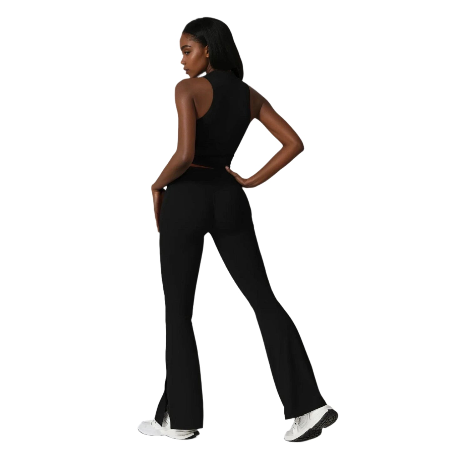Xooie Fit women's flare leggings set in black with stylish sleeveless top and flared bottoms