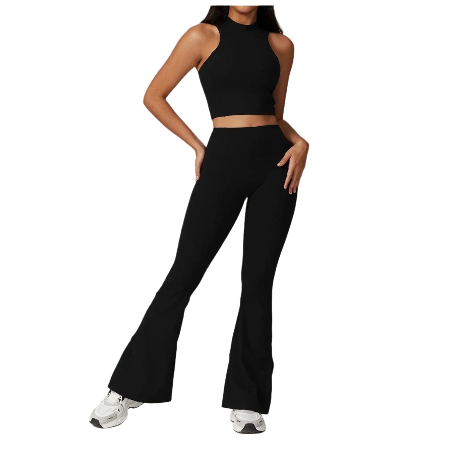Xooie Fit women's flare leggings set in black featuring a cropped top and flared leggings for a stylish look