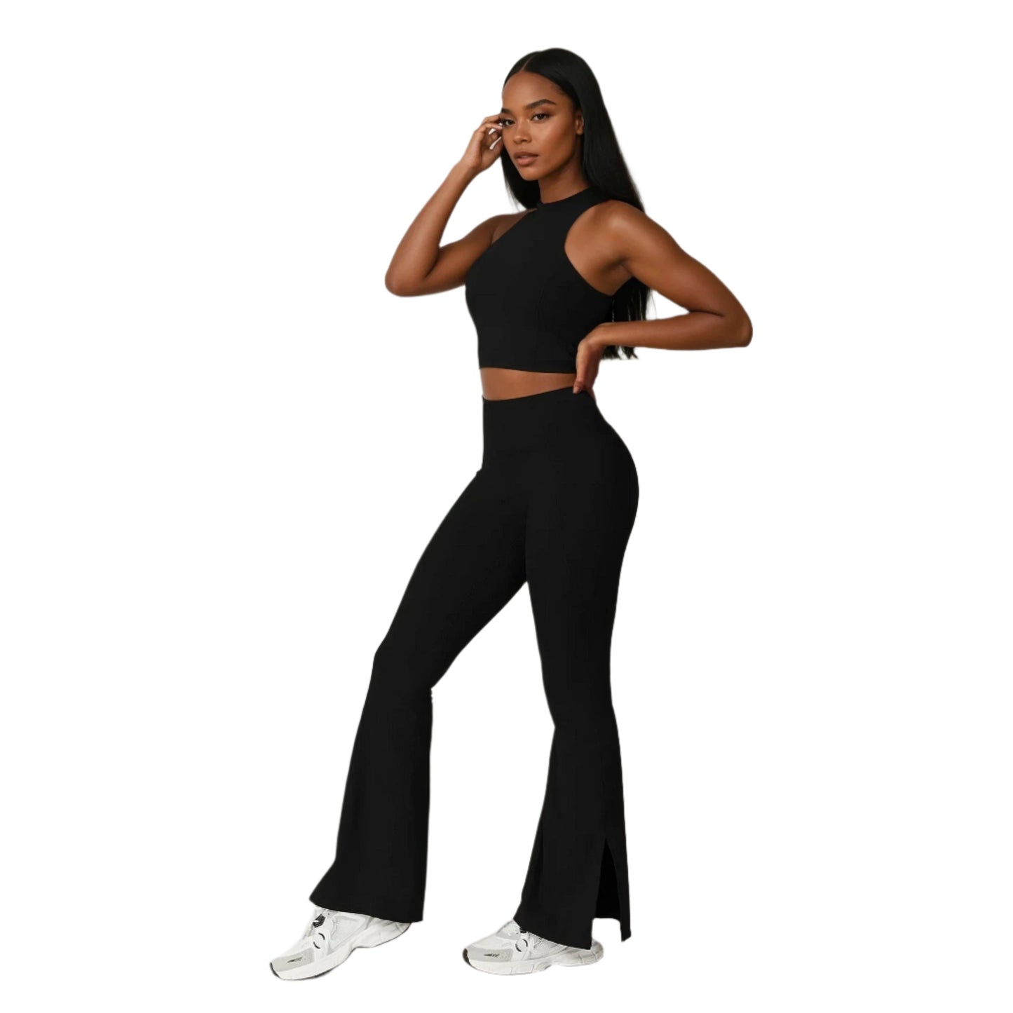 Xooie Fit women's flare leggings set featuring a crop top and flared pants in sleek black