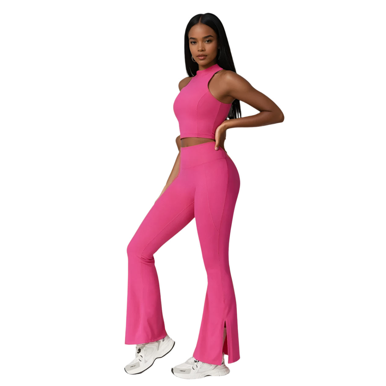 Xooie Fit women's flare leggings set in pink with a stylish crop top and flared pants