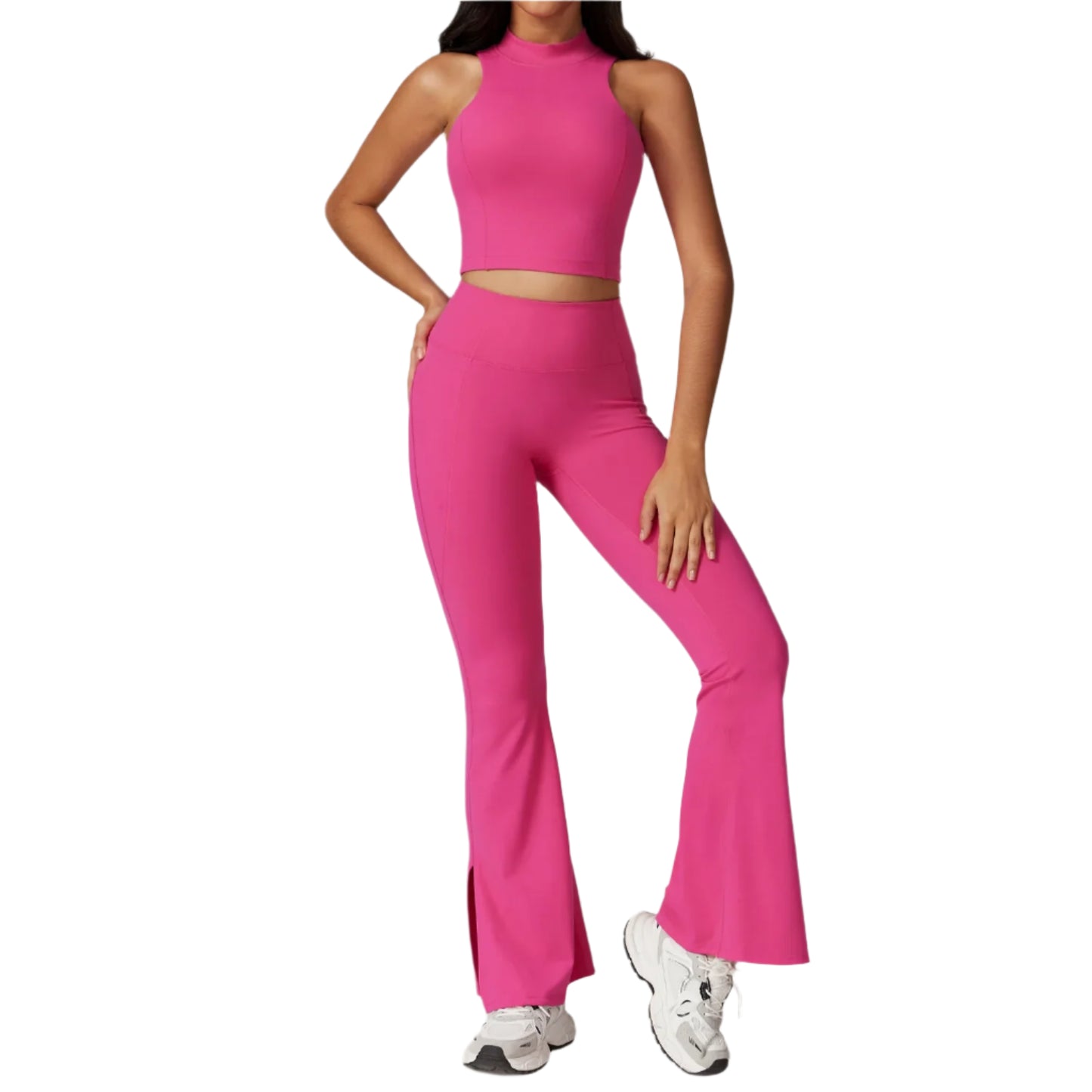 Xooie Fit women's flare leggings set in pink featuring a crop top and flared pants