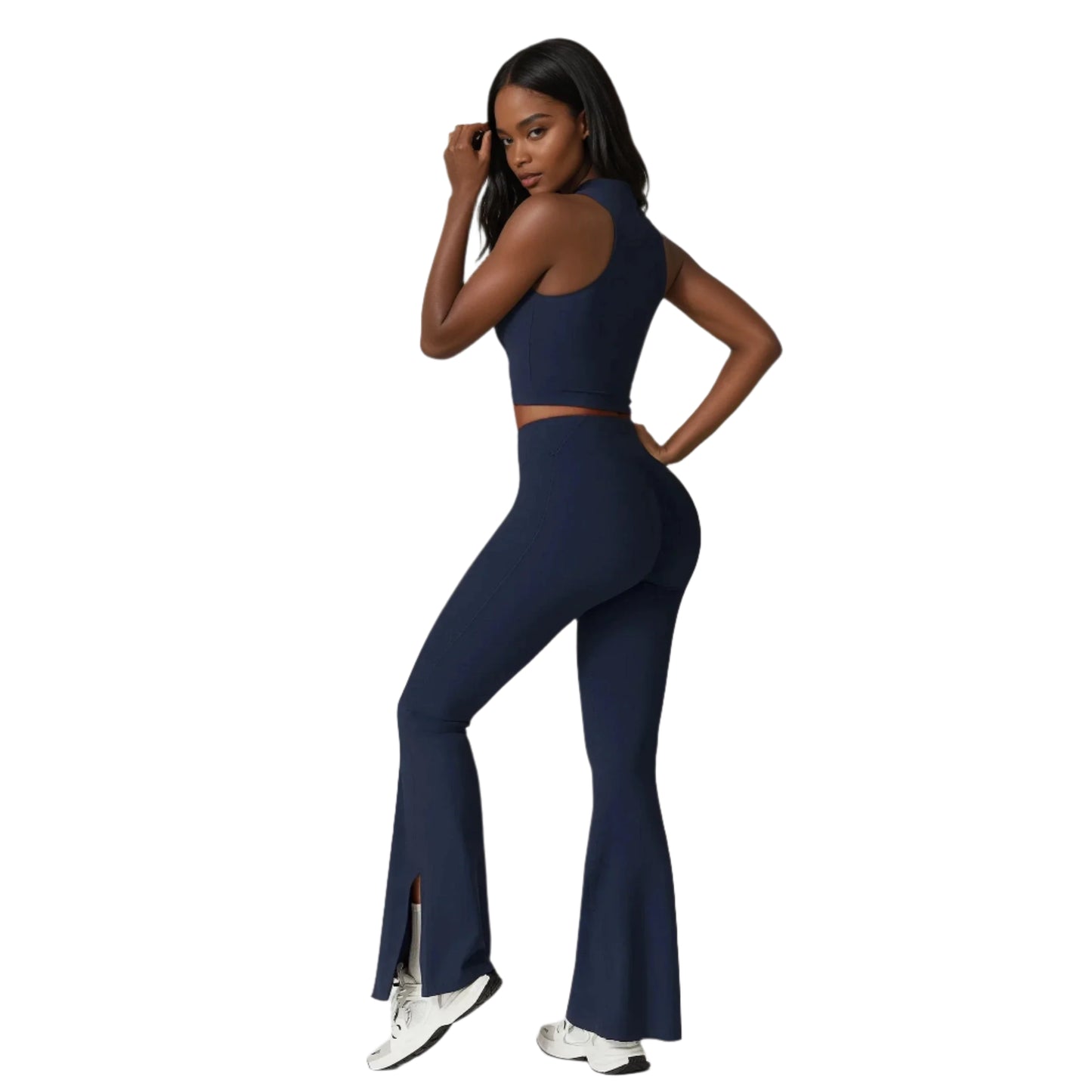 Xooie Fit women's flare leggings set in navy with a stylish crop top and flared pants