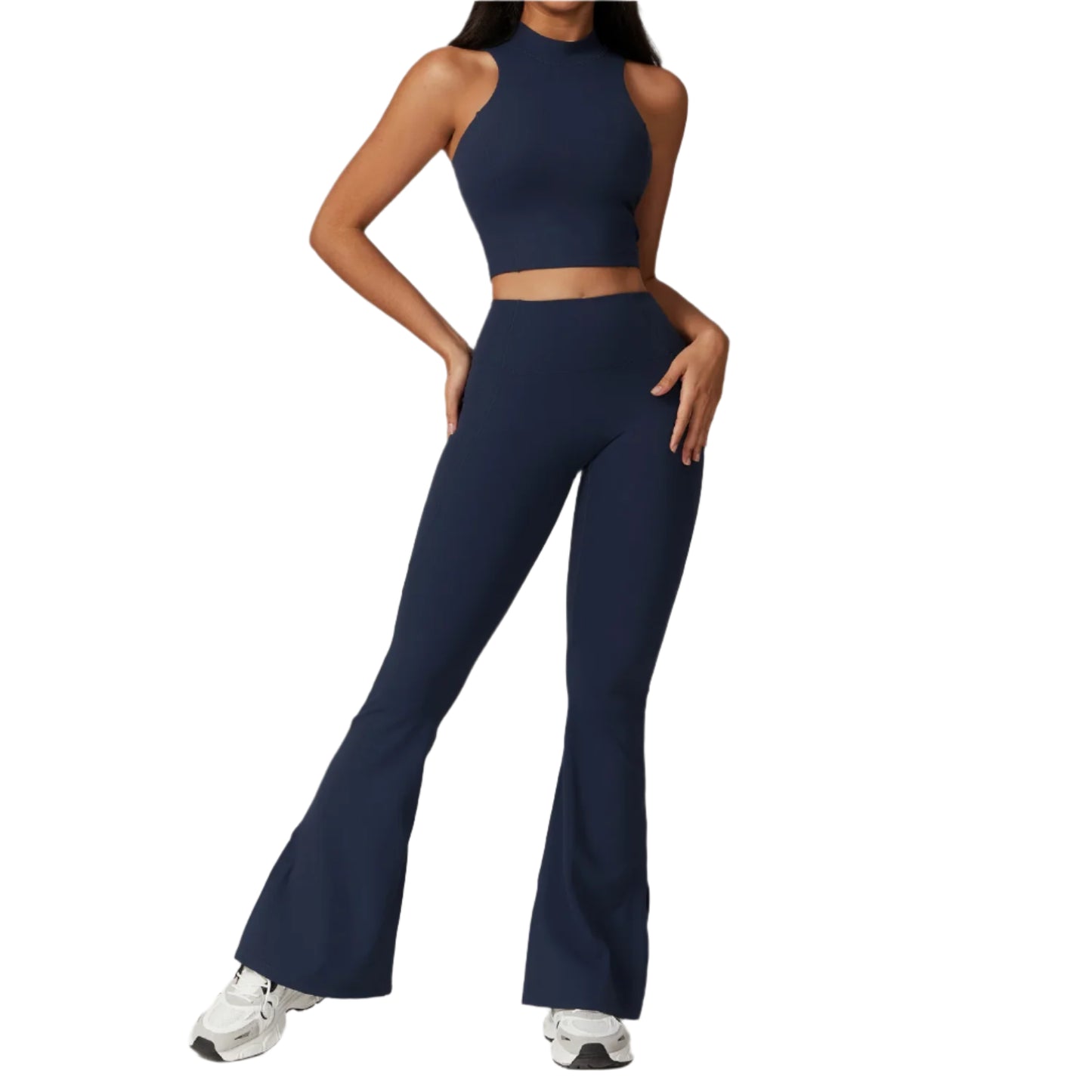 Xooie Fit women's flare leggings set in navy blue featuring a crop top and flared pants for stylish comfort