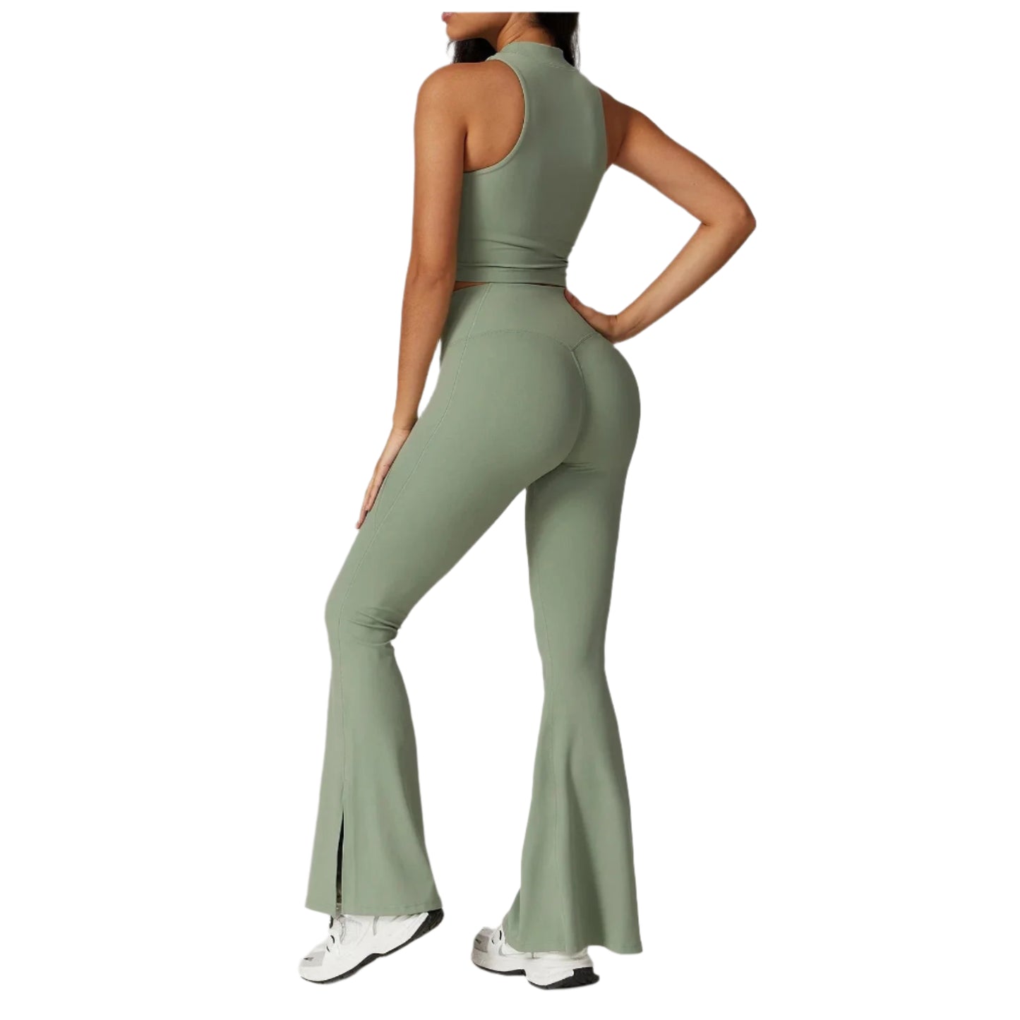 Xooie Fit women's flare leggings set in green, featuring a fitted tank top and flared leggings