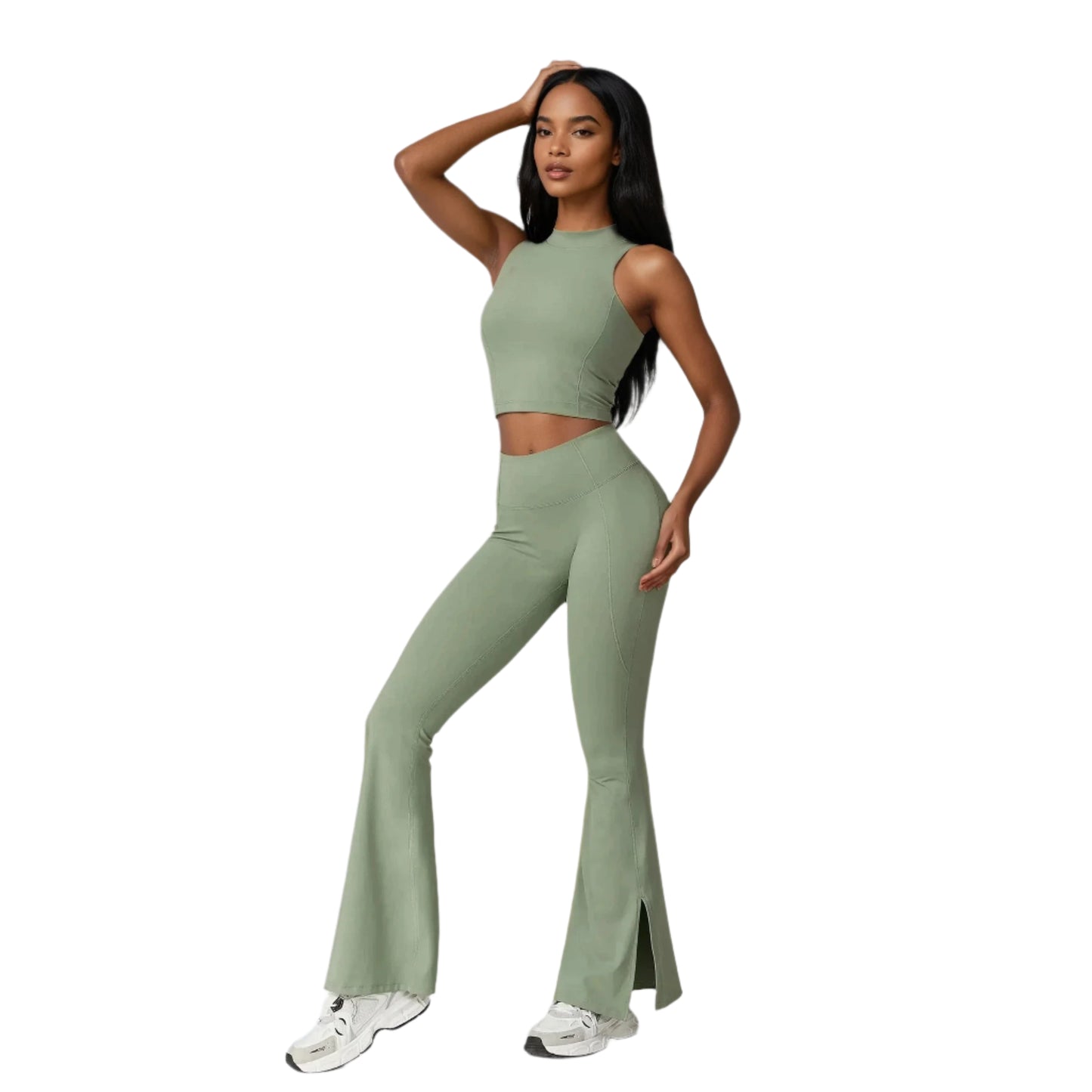 Xooie Fit women's flare leggings set in green with a cropped top and flared pants for stylish comfort