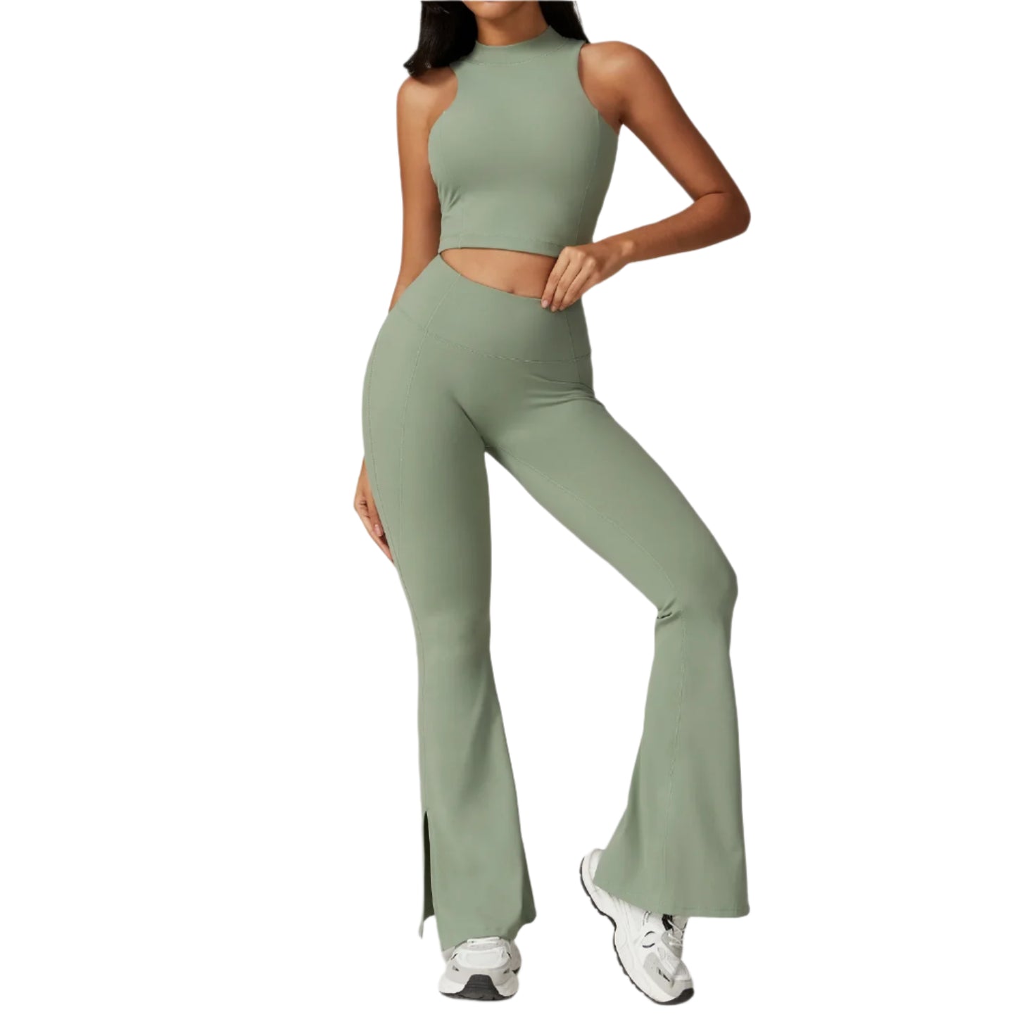 Xooie Fit women's flare leggings set in olive green with a stylish crop top and flared bottoms