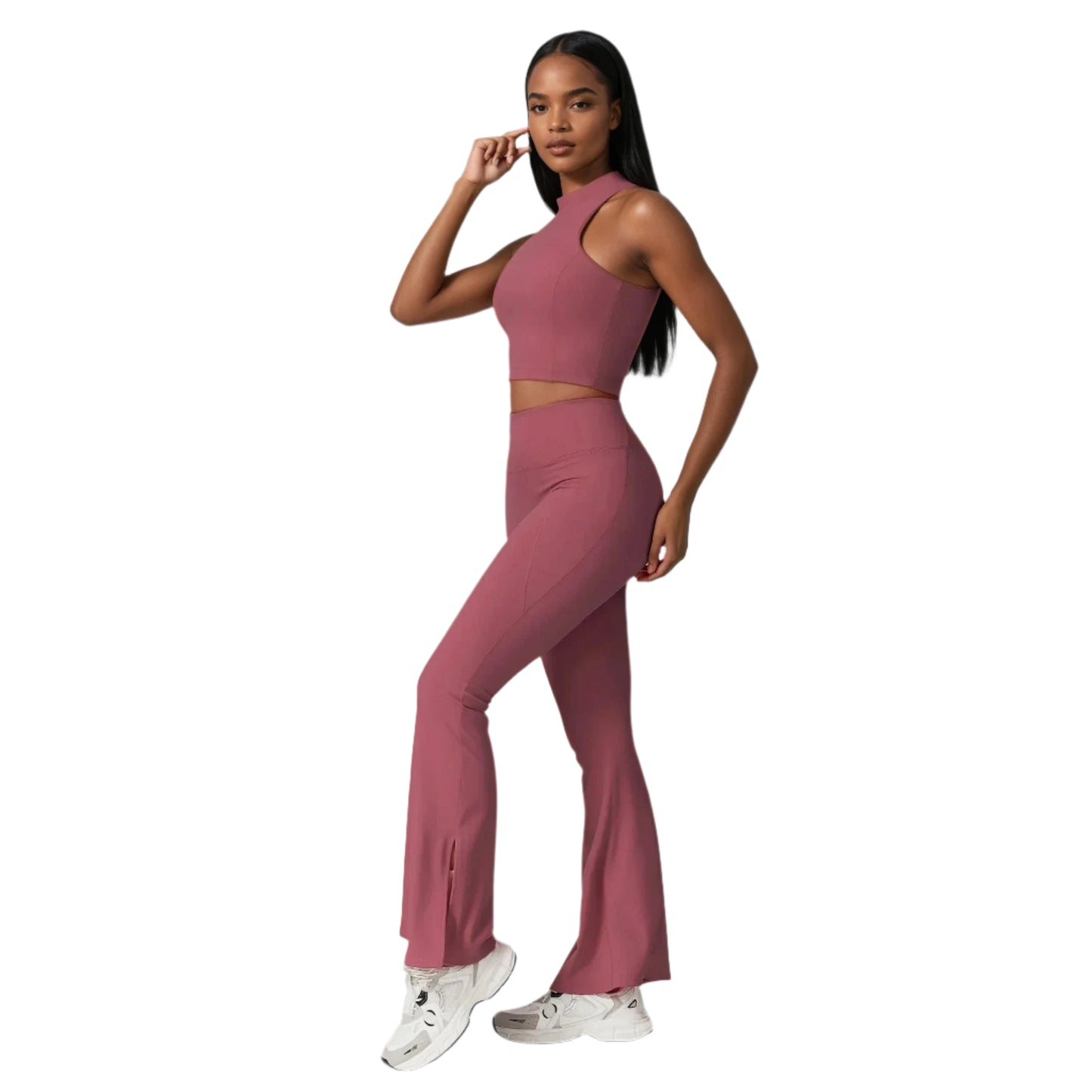 Xooie Fit women's flare leggings set in mauve with a cropped top and flared pants