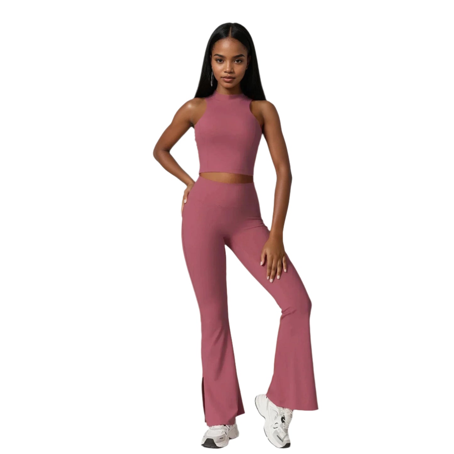 Xooie Fit women's flare leggings set in pink featuring a sleeveless top and flared pants
