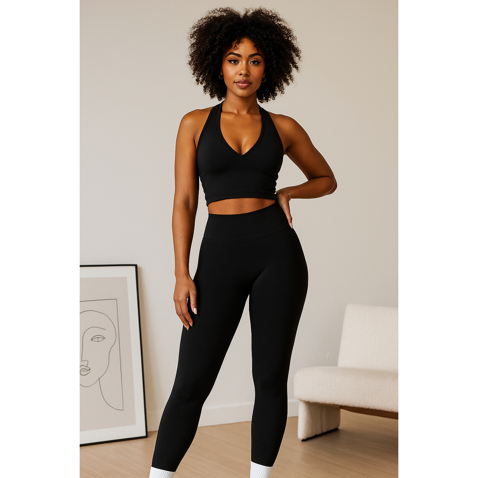 Xooie Fit black women's workout matching set with sleeveless crop top and high-waisted leggings