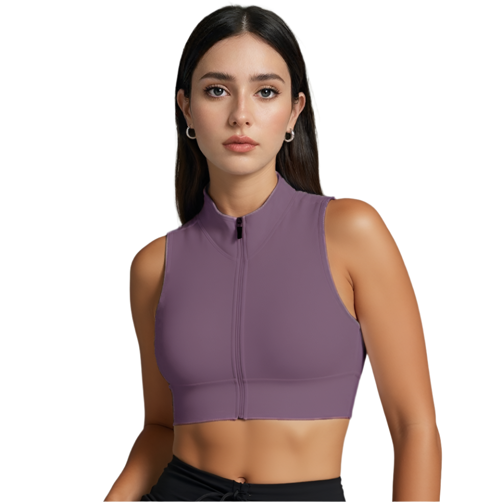 Xooie Fit women's zipper crop top in purple with a sleek design and high neckline