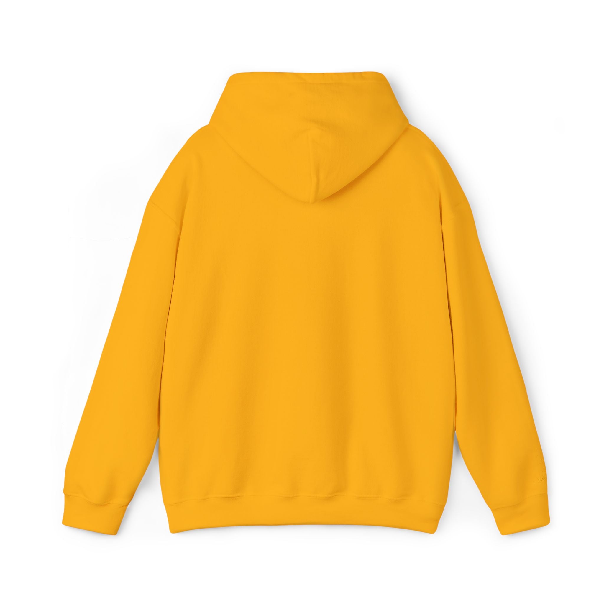 Gold hoodie with hood and front pocket, no embroidery visible