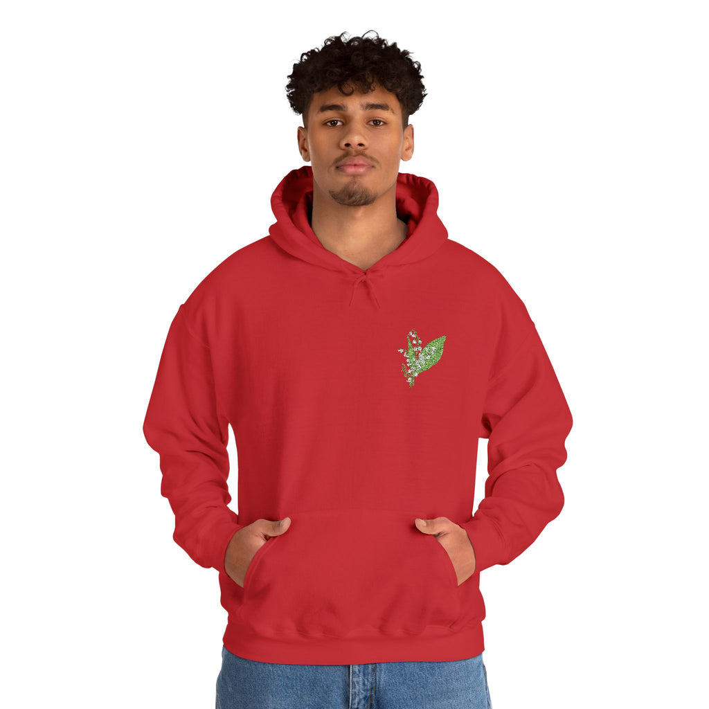 Red pullover hoodie with chest leaf embroidery, drawstring hood and front pouch