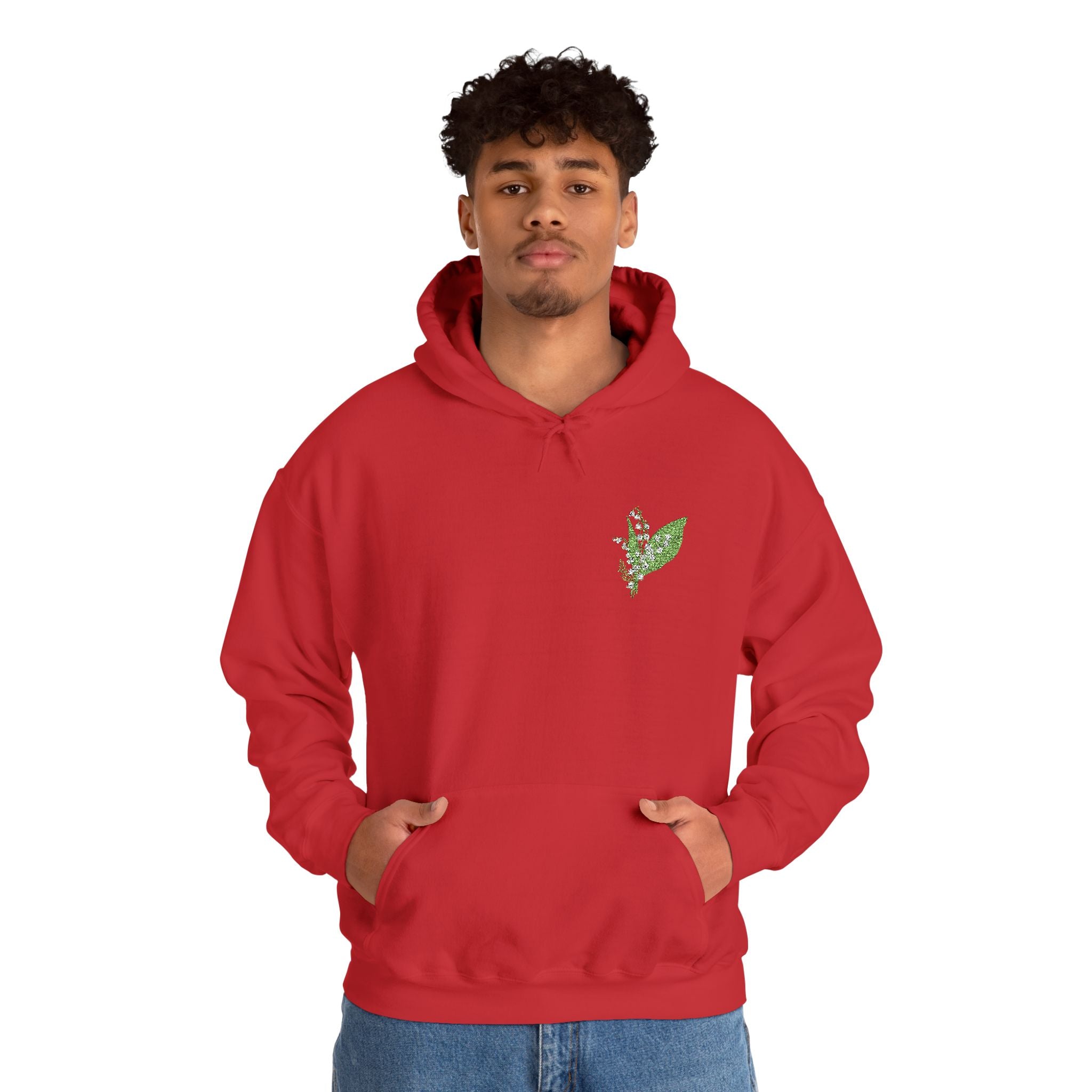 Red pullover hoodie with chest leaf embroidery, drawstring hood and front pouch