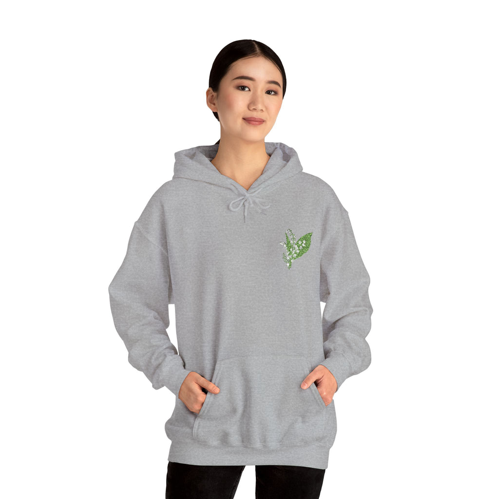 Sport Grey hoodie with green leaf embroidery on left chest, front view on model