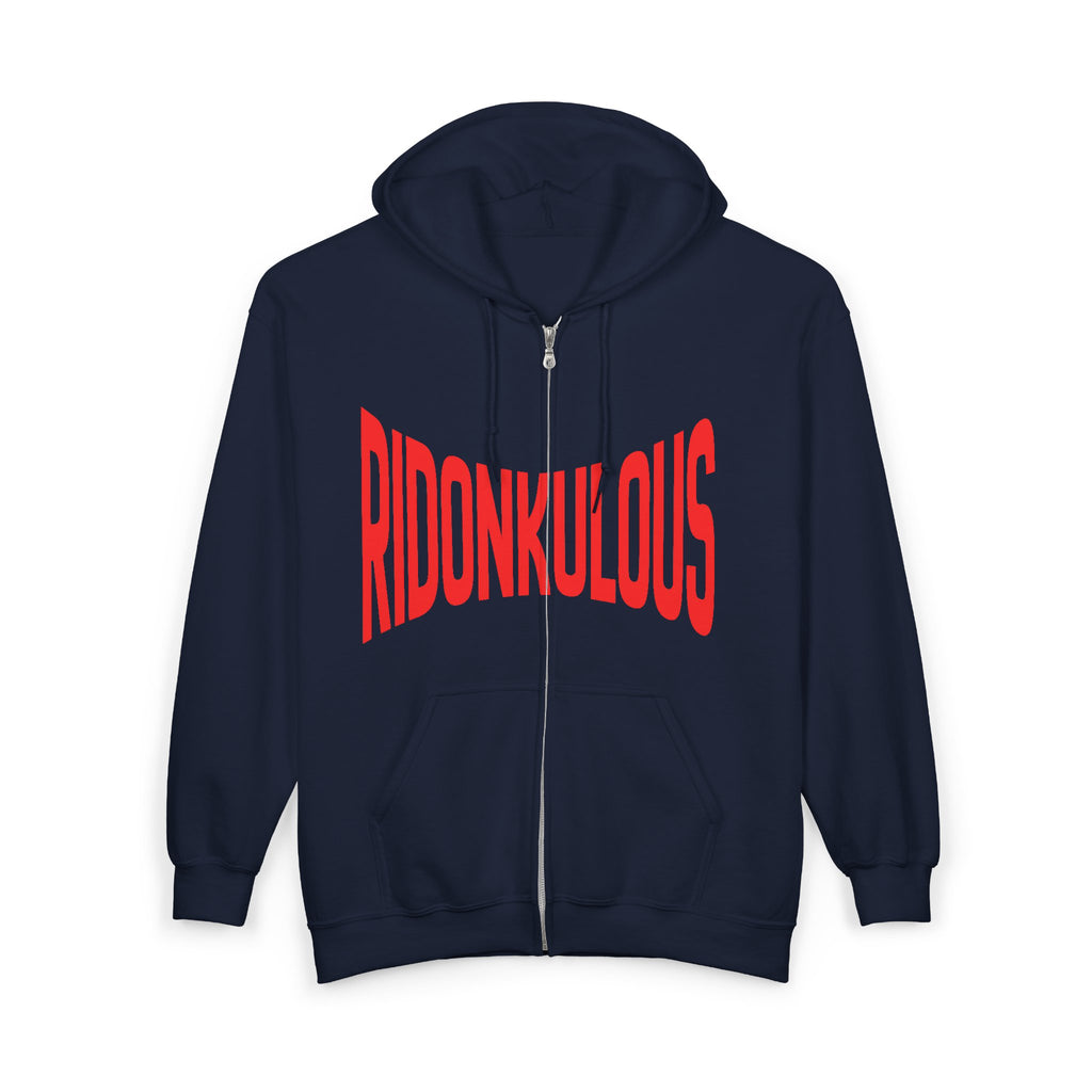 Dark navy full-zip hoodie with red Ridonkulous graphic, hood, and kangaroo pocket