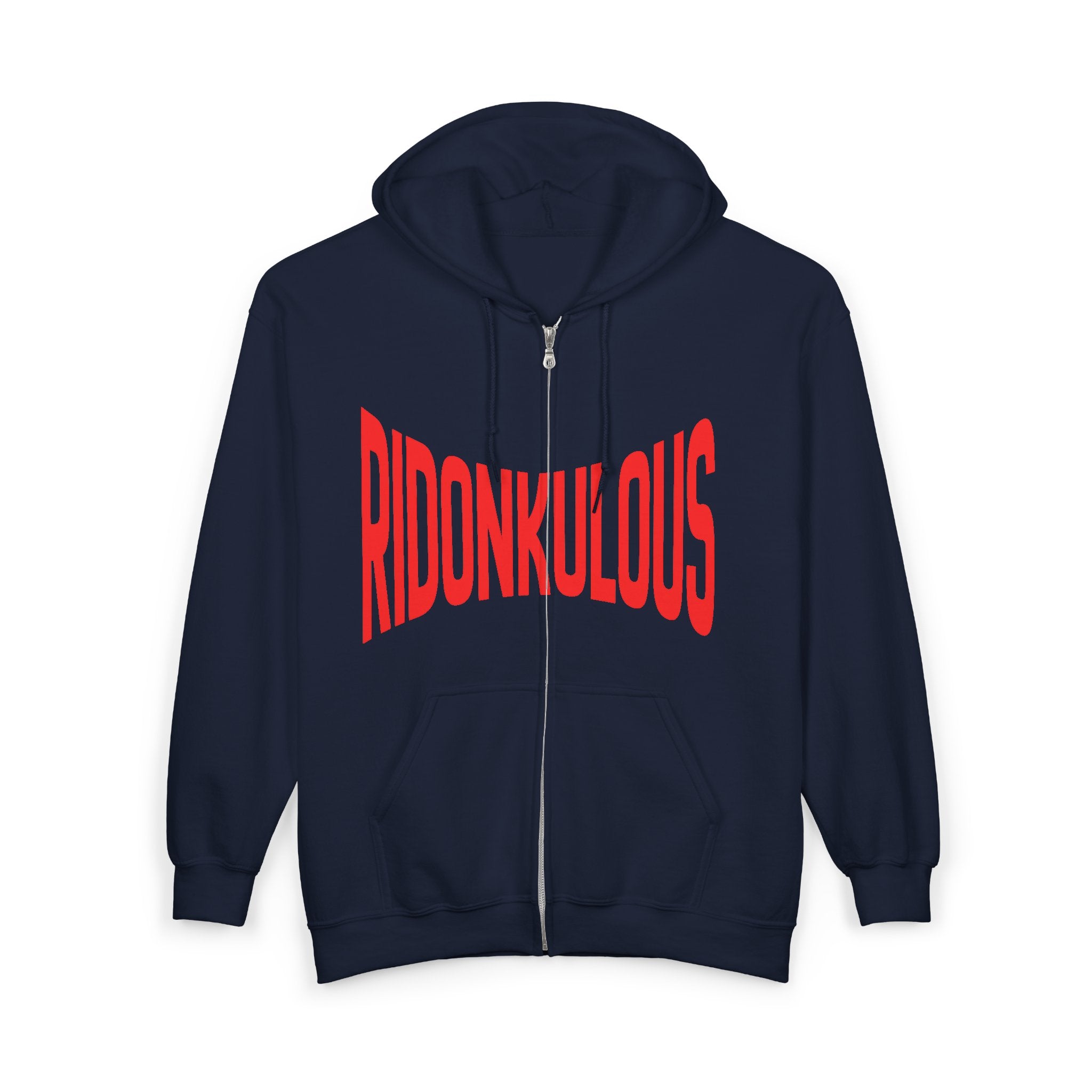Dark navy full-zip hoodie with red Ridonkulous graphic, hood, and kangaroo pocket