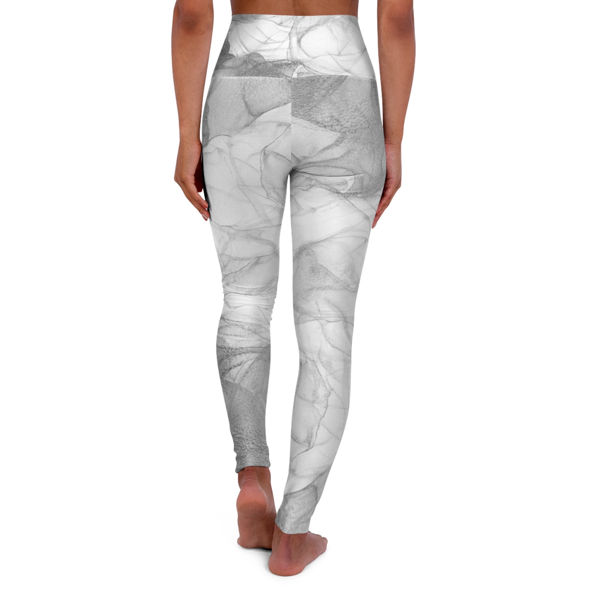 High-waist yoga leggings with gray marble all-over print, back view to ankle