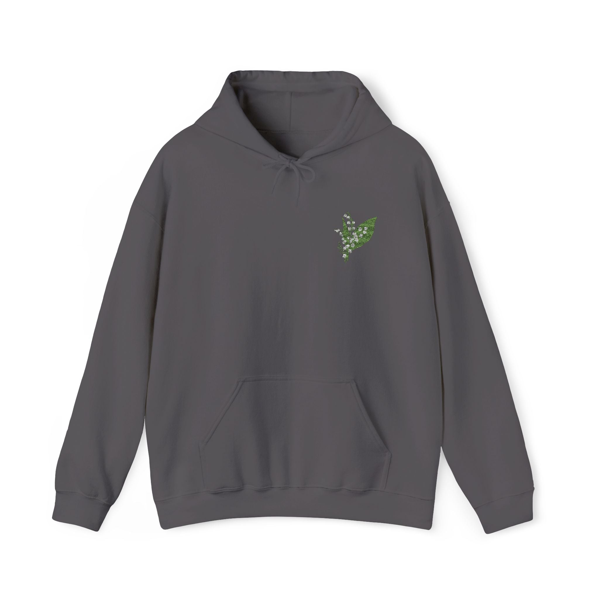 Dark grey hoodie with green leaf embroidery on left chest, hood with drawstrings