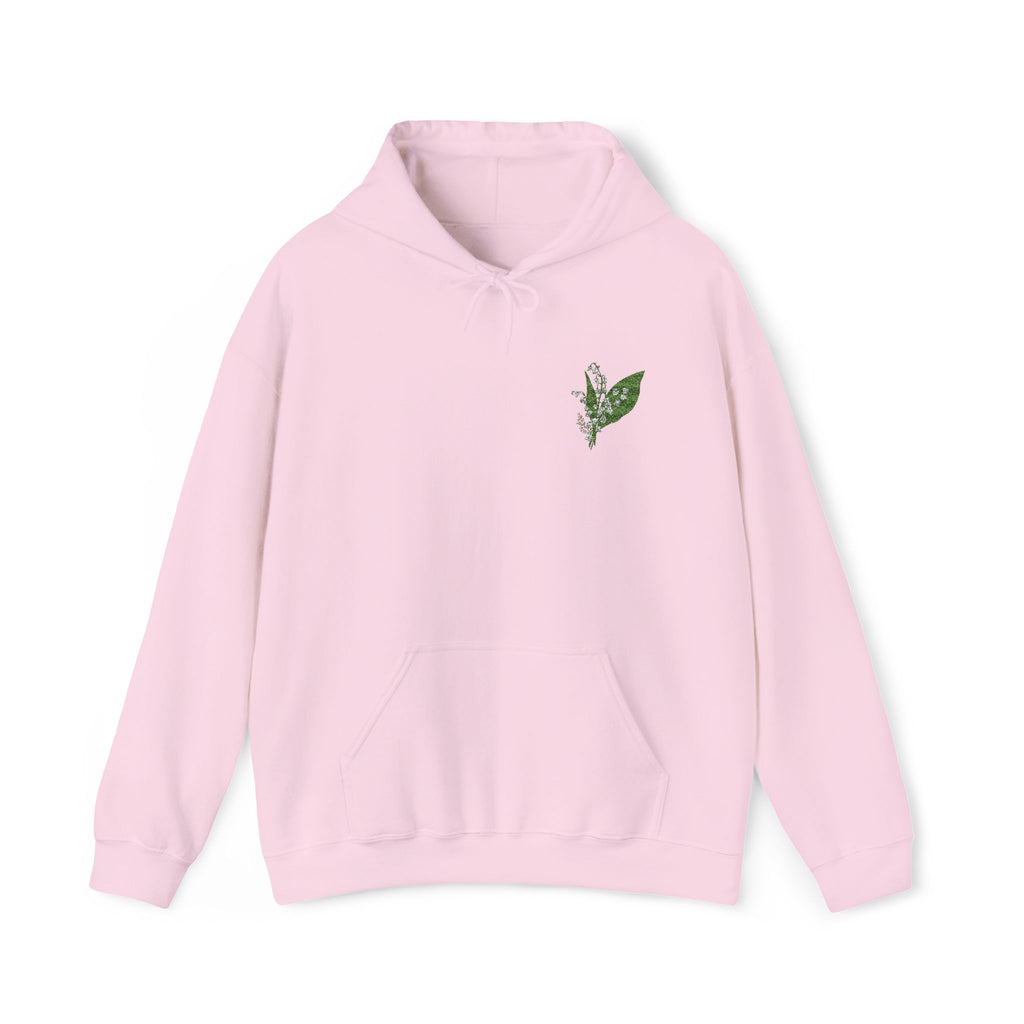 Light pink hoodie with green leaf embroidery on left chest, drawstring hood