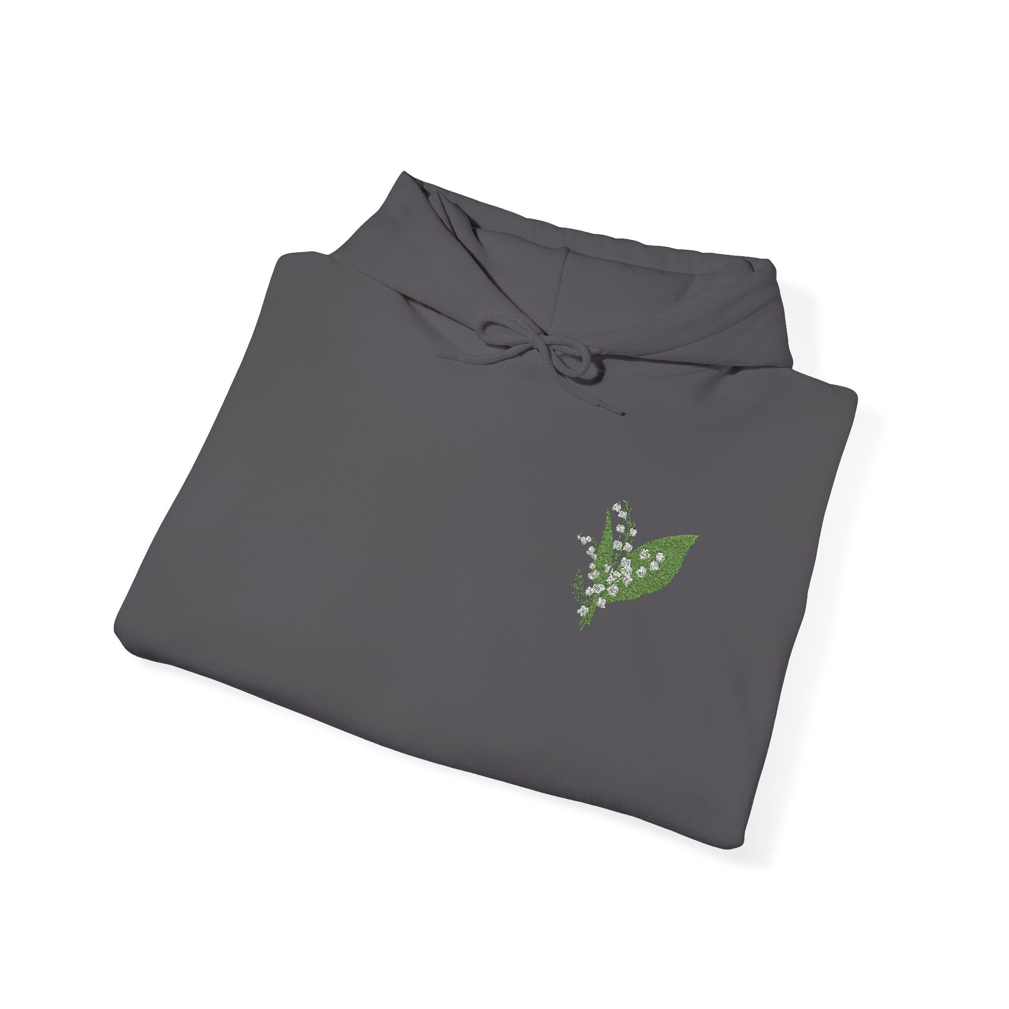 Charcoal hoodie flat lay with hood drawstrings and green leaf embroidery on chest