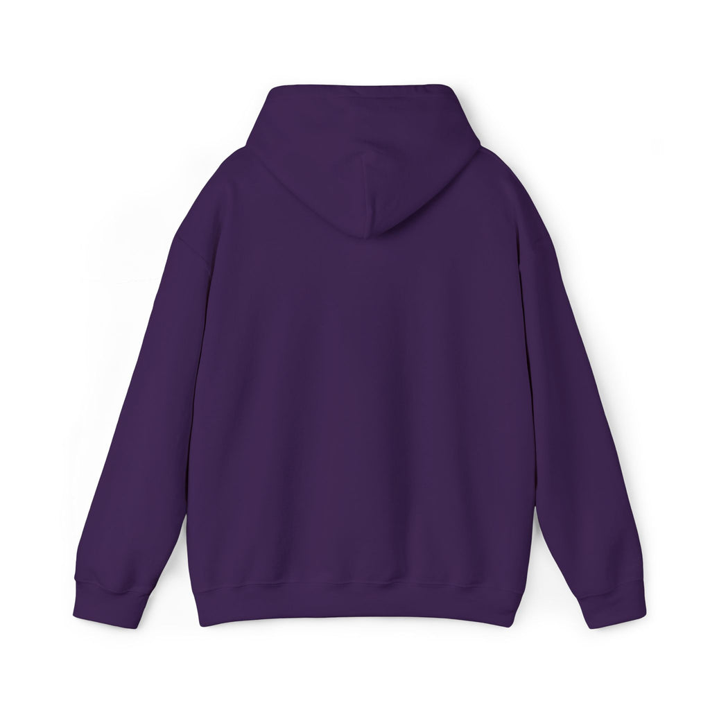 Purple hoodie with drawstring hood, no graphic shown on back view