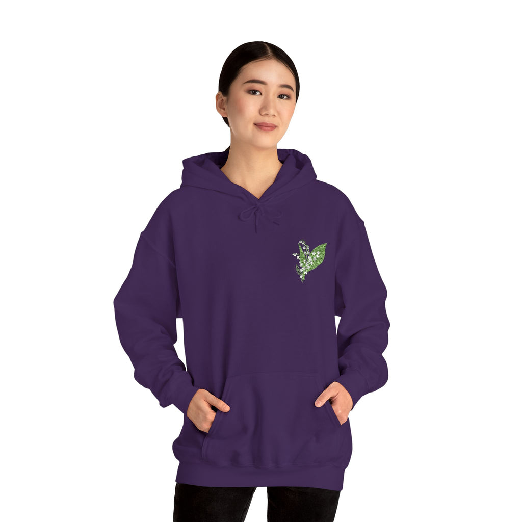 Purple green leaf embroidered hoodie on model with drawstring hood and kangaroo pocket