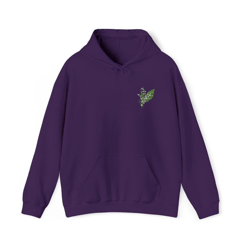 Purple hoodie with green leaf embroidery on left chest, kangaroo pocket and hood
