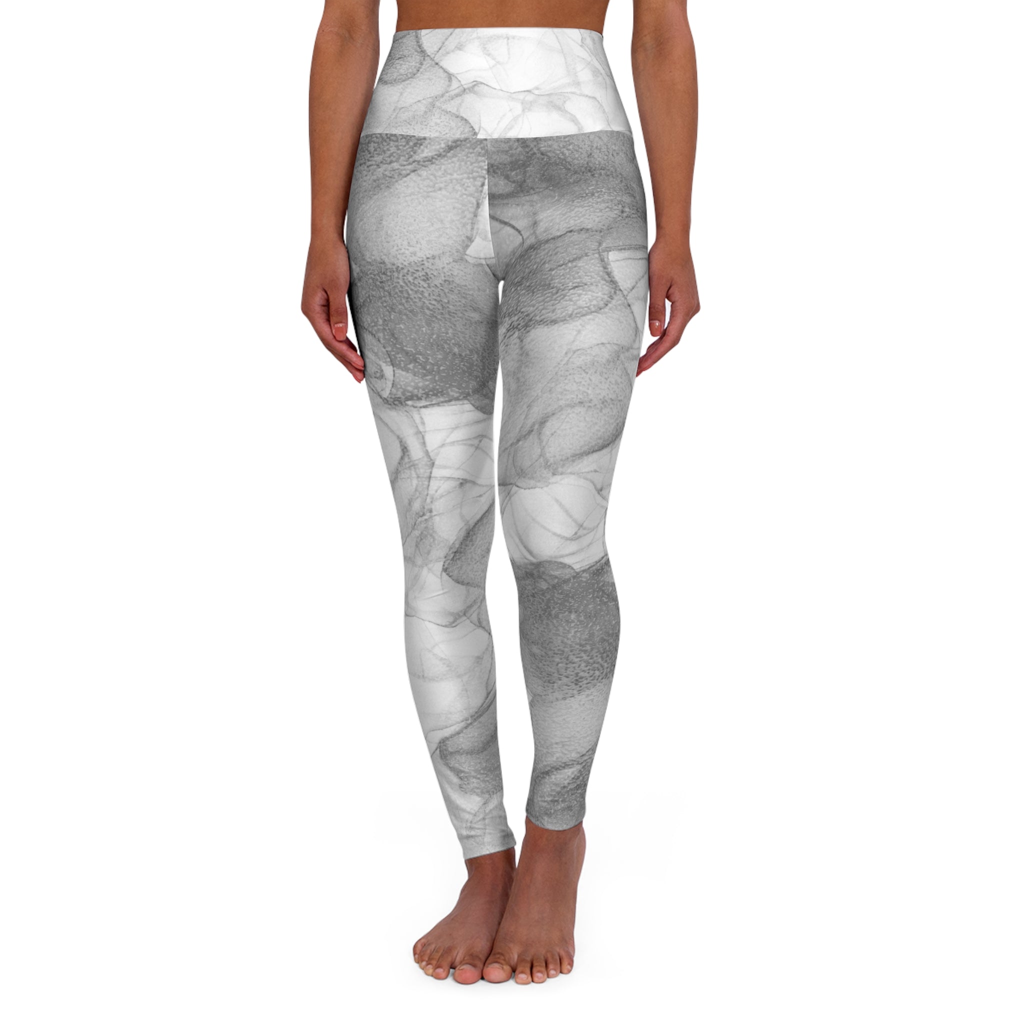 High-waist yoga leggings with gray marble all-over print, front view to ankle