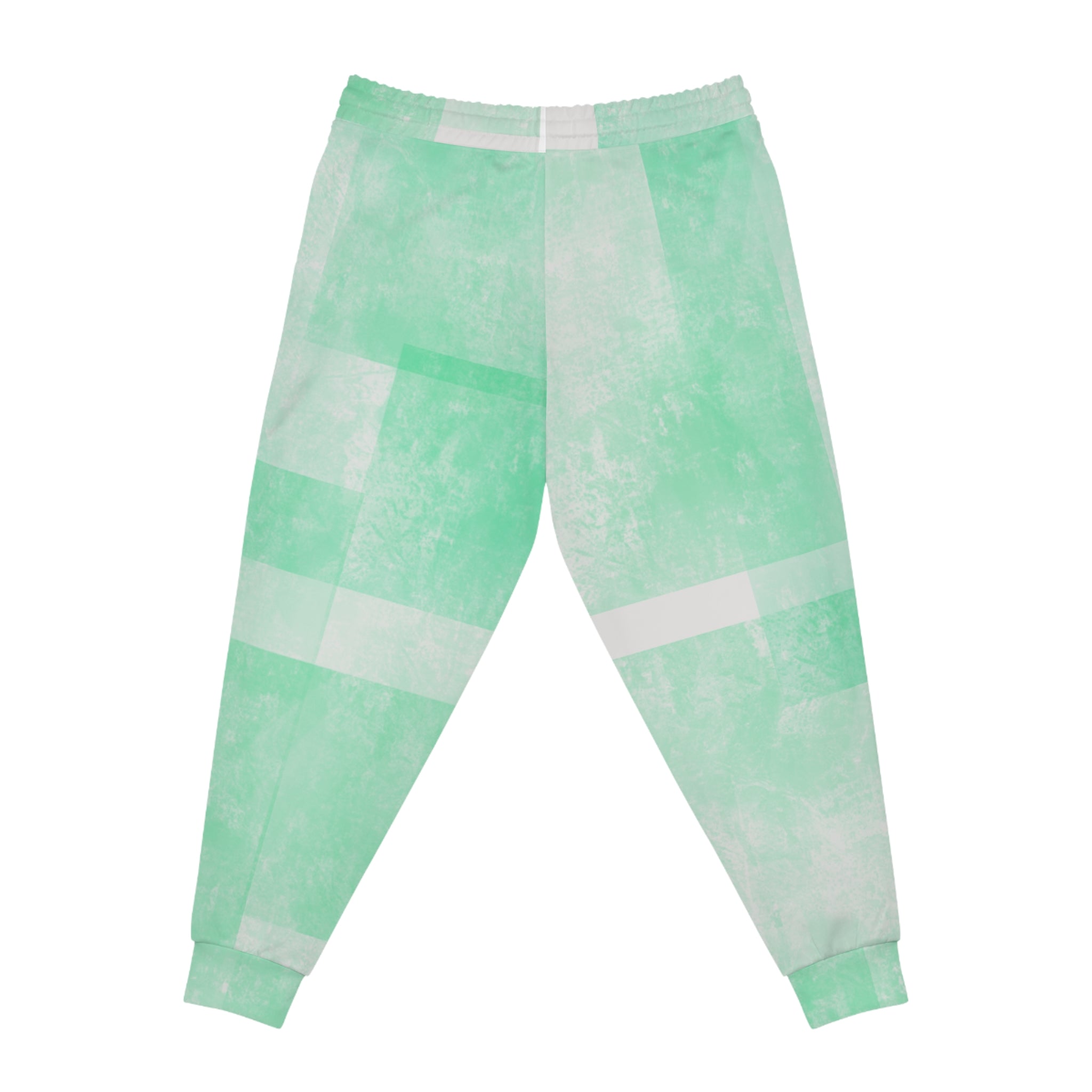 Mint green tie-dye joggers with stripe blocks and tapered cuffed hems