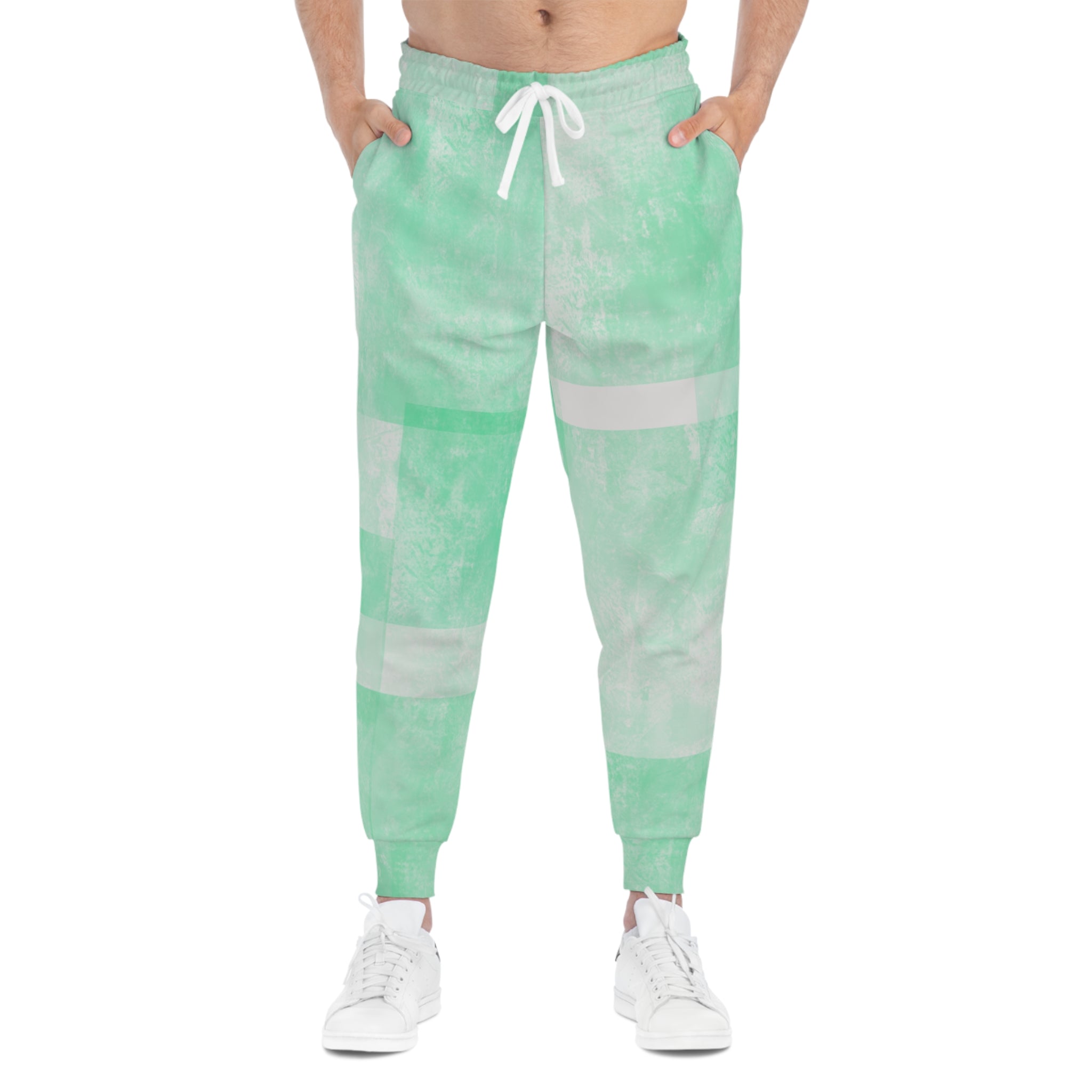 Front view mint green tie-dye joggers, elastic waist with white drawstring
