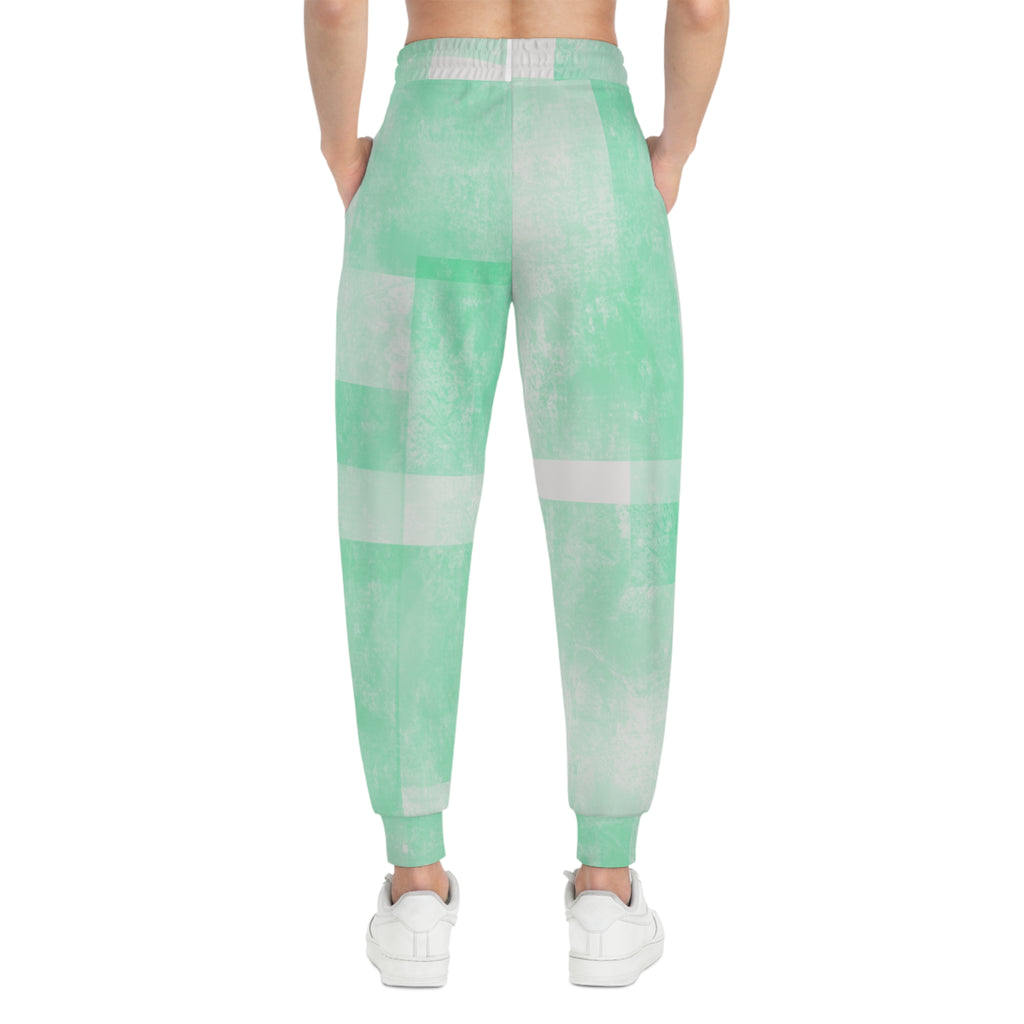 Rear view mint green joggers with stripe block print and ribbed ankle cuffs