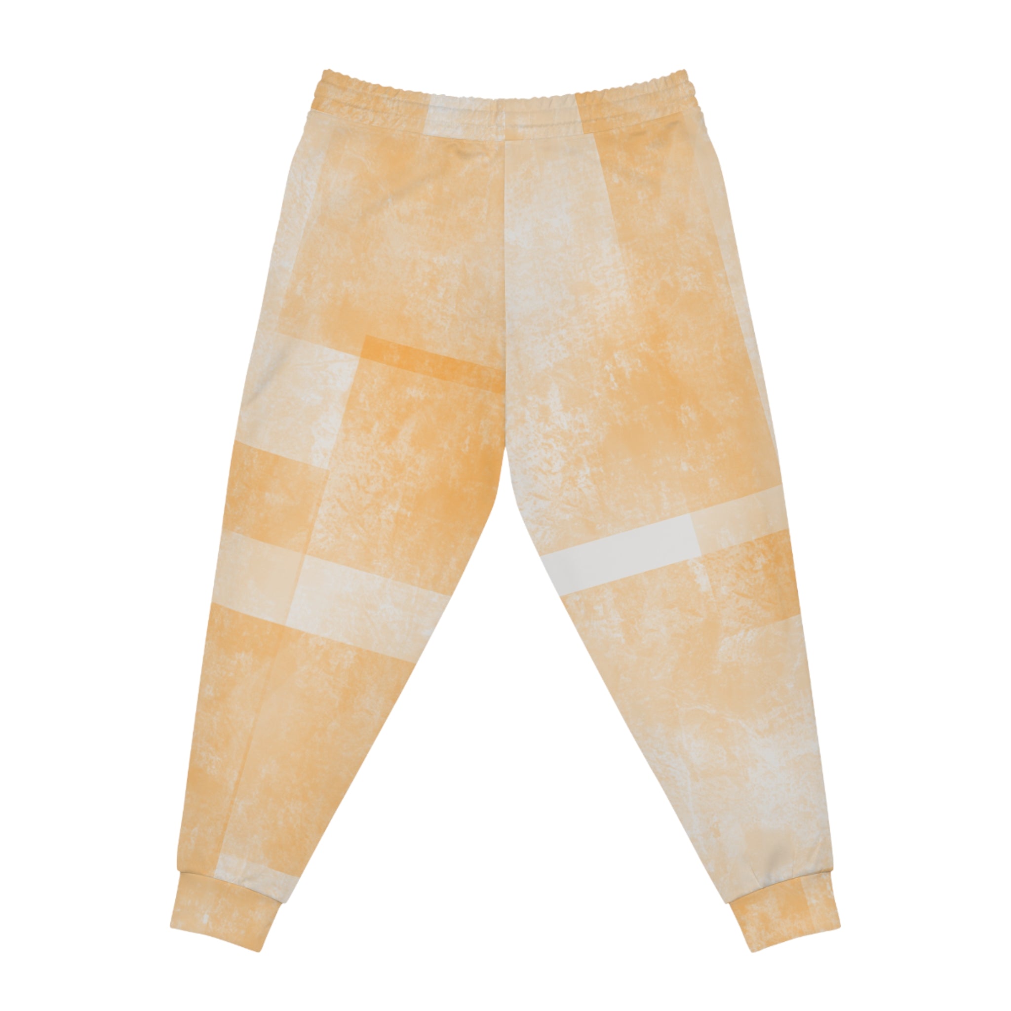 Peach tie-dye joggers with elastic waist and horizontal patchwork stripe bands