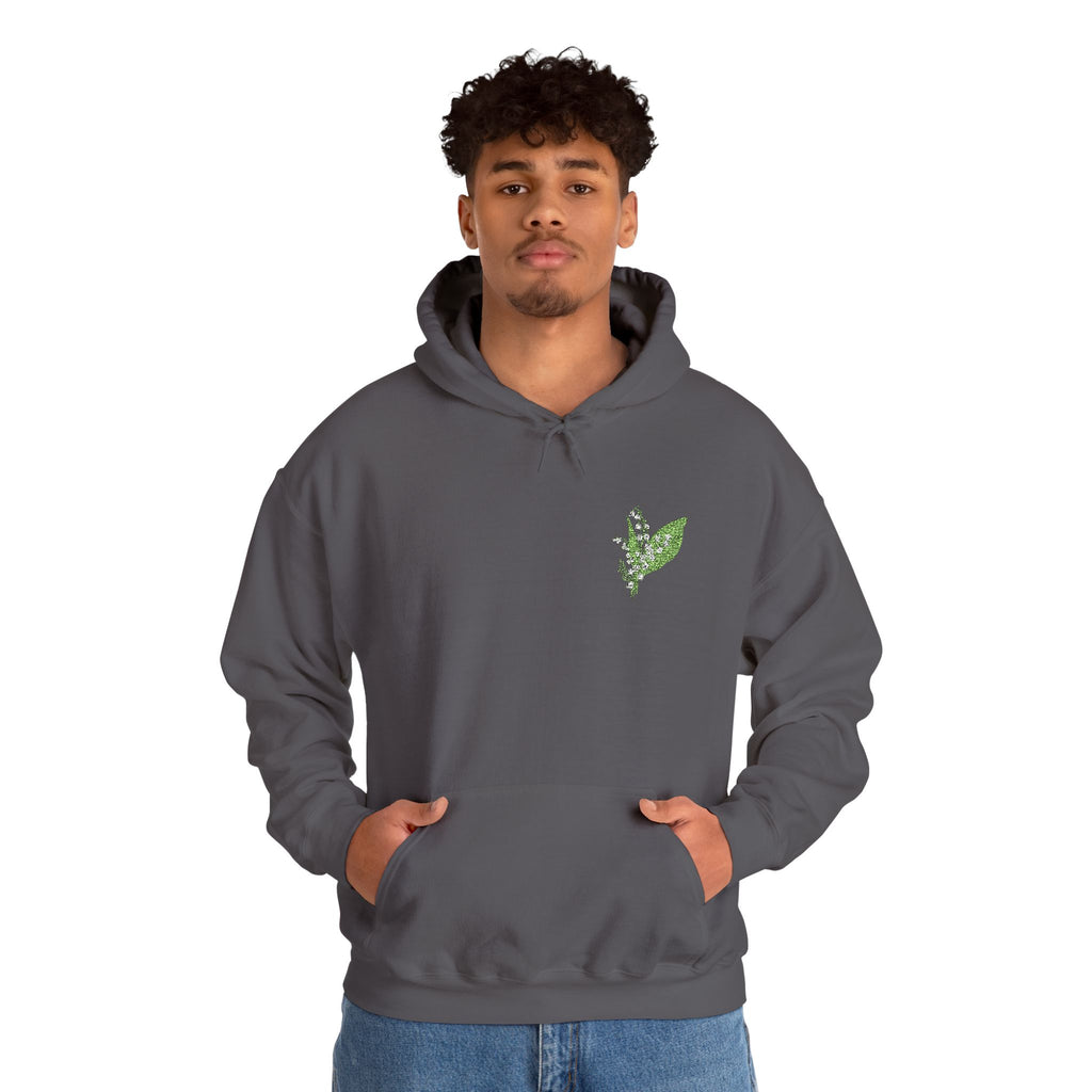 Charcoal green leaf embroidered hoodie with drawstring hood and front pouch pocket