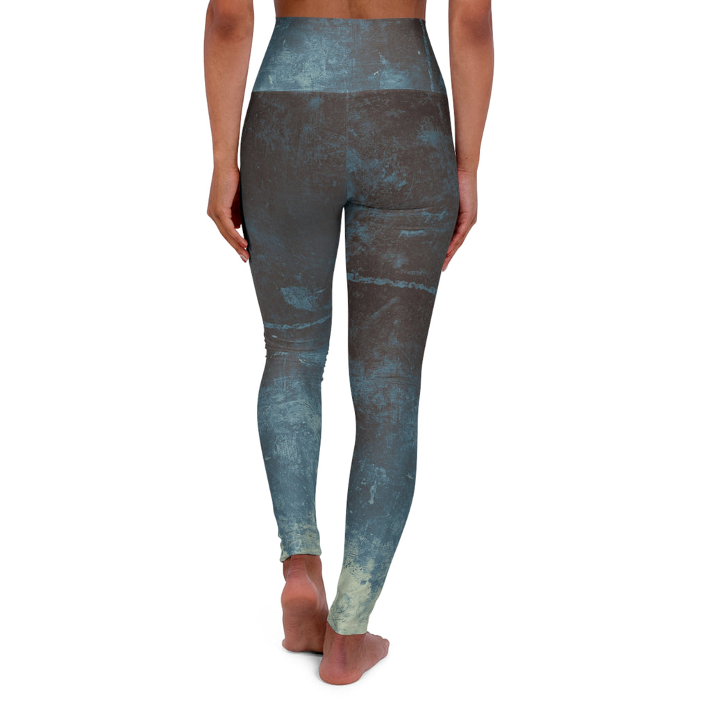 Yoga leggings with blue-green tie-dye allover print, back view, high rise