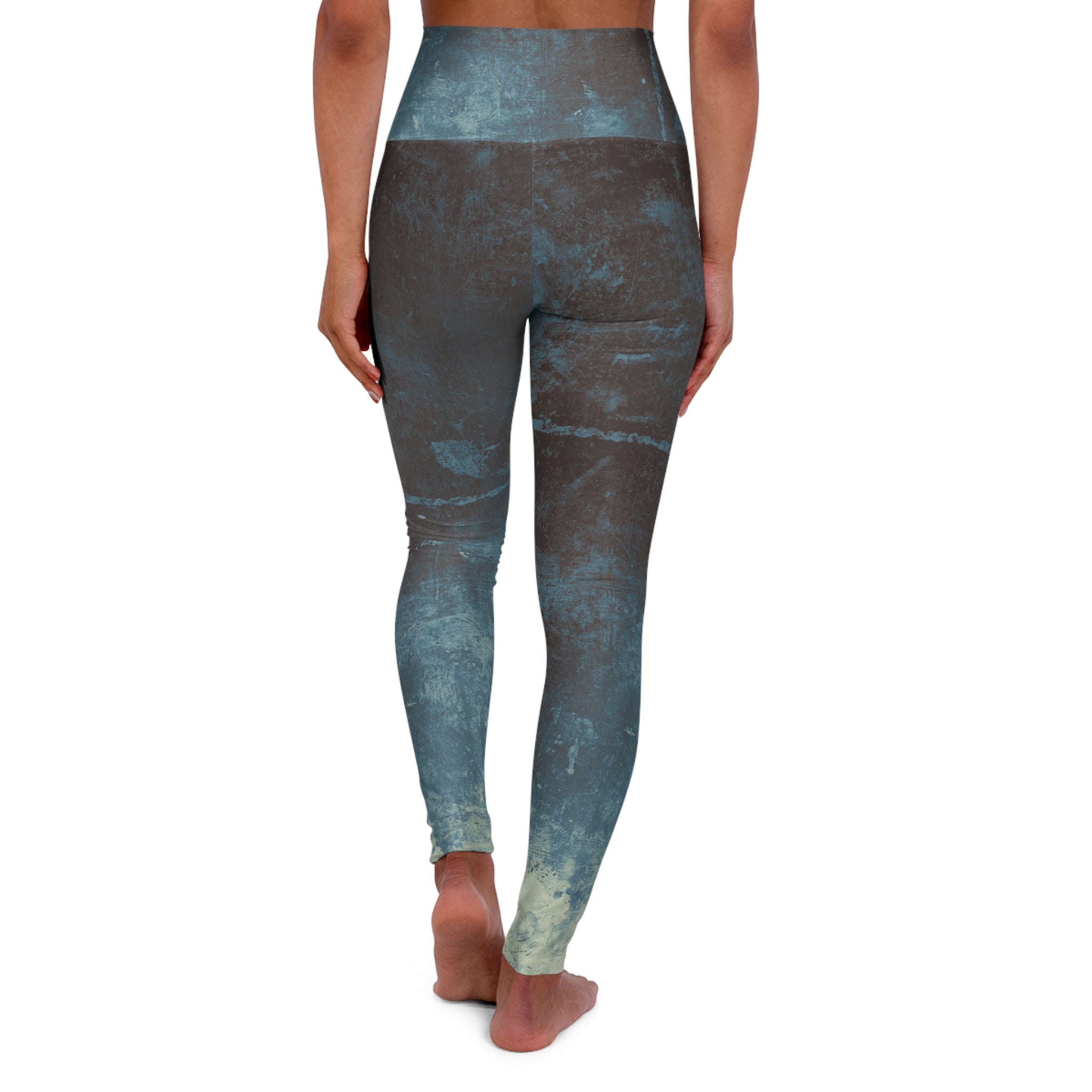 Yoga leggings with blue-green tie-dye allover print, back view, high rise