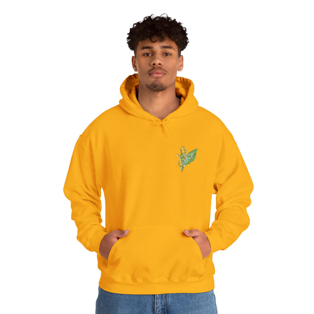 Gold pullover hoodie with green leaf embroidery, front view and kangaroo pocket