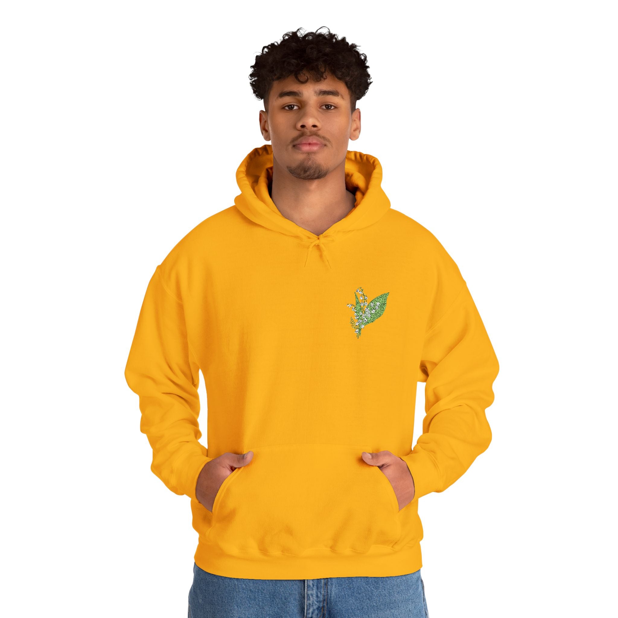 Gold pullover hoodie with green leaf embroidery, front view and kangaroo pocket