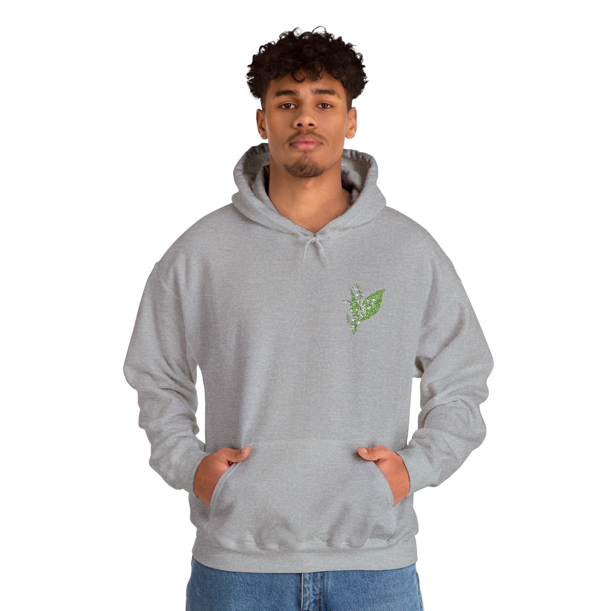 Sport Grey hoodie with green leaf embroidery on chest, front view, hooded sweatshirt