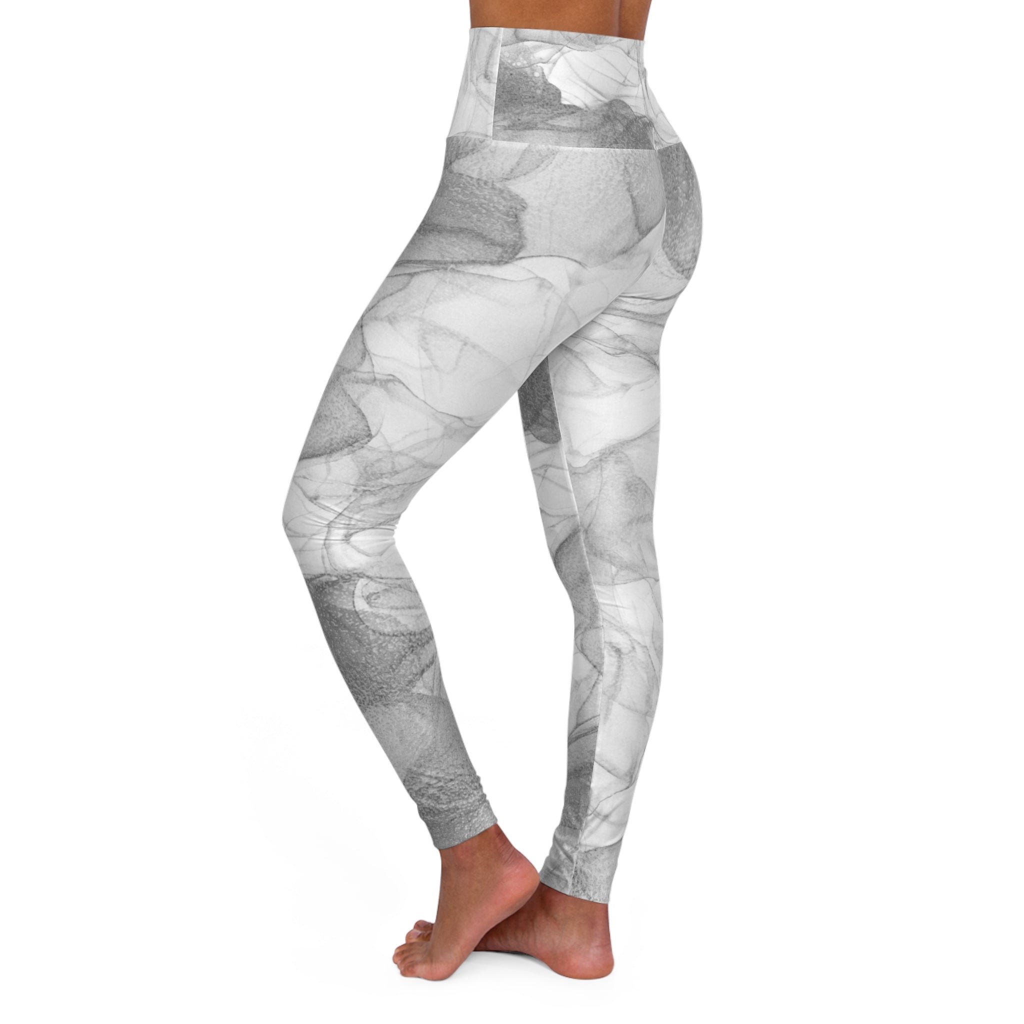 High-waist yoga leggings with gray marble all-over print, angled side view to ankle