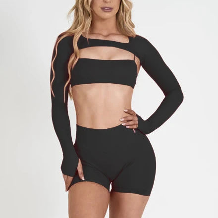 Black thin-strap sports bra with long-sleeve cover top and matching active shorts