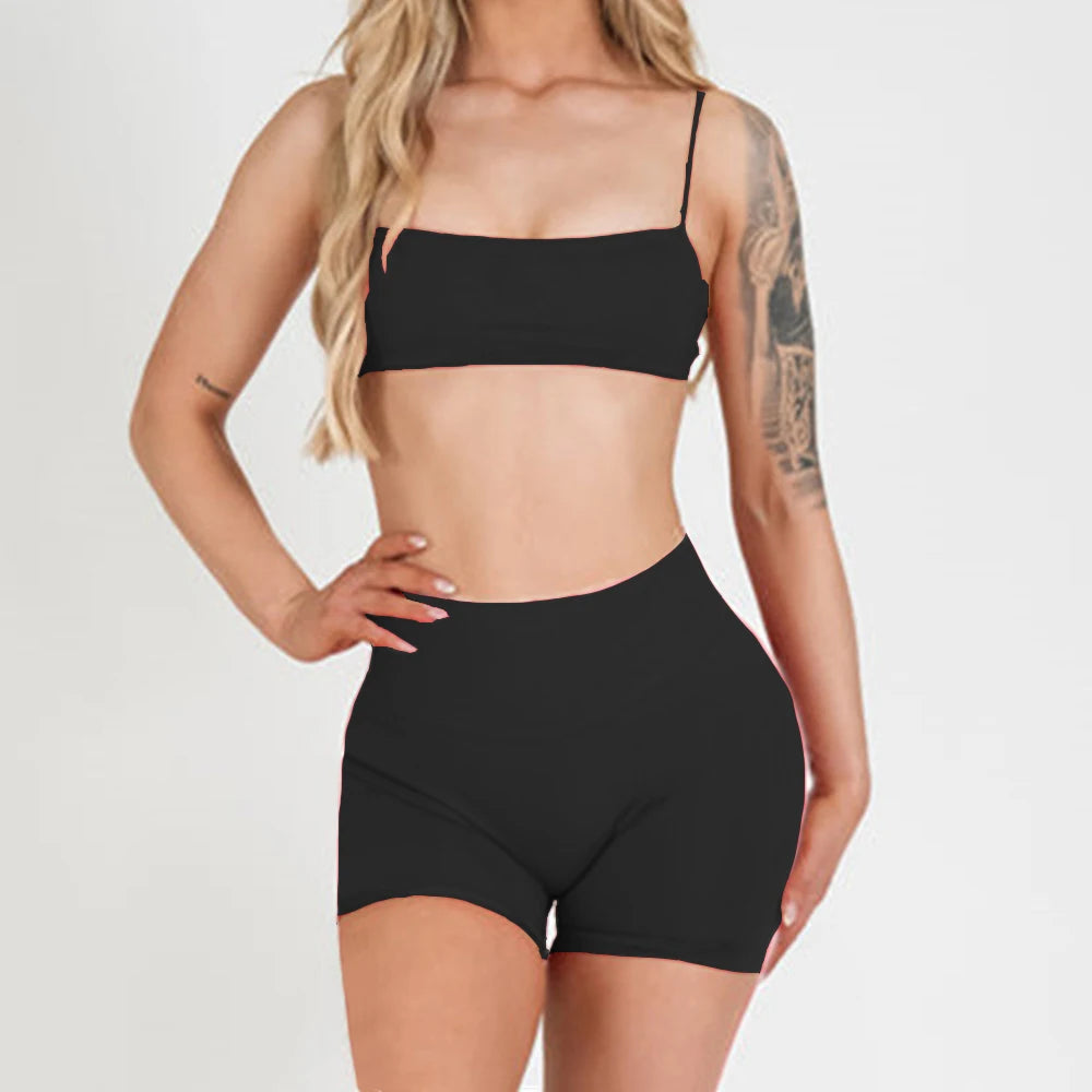 Black thin-strap bra and high-waist matching active shorts set
