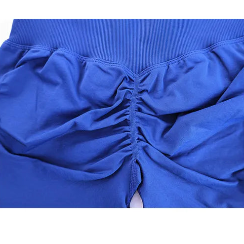 Blue active shorts waistband and center seam detail