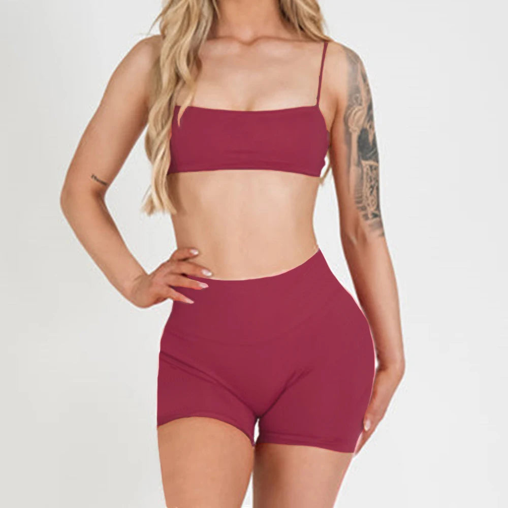 Chestnut Red thin-strap bra and high-waist matching active shorts set