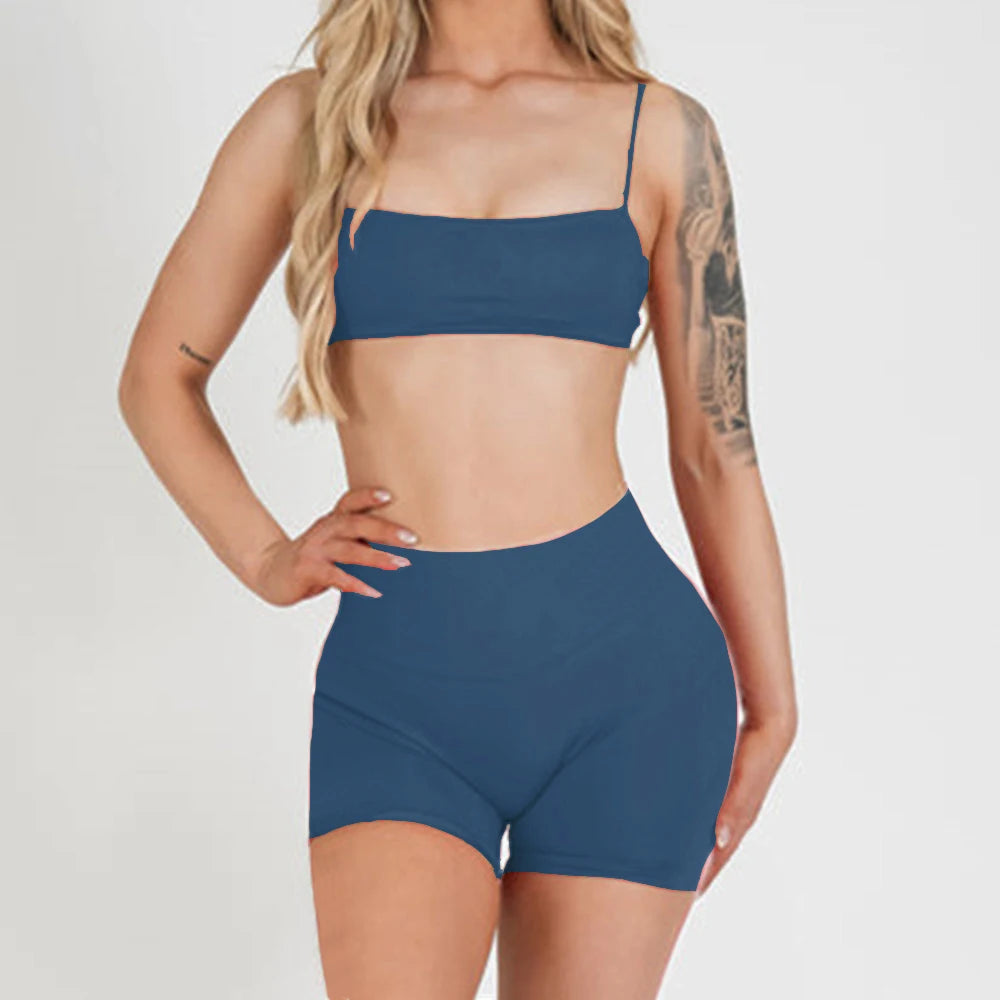 Royal Blue thin-strap bra and high-waist matching active shorts set