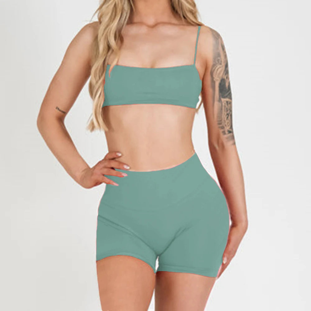 Haze Blue thin-strap bra and high-waist matching active shorts set